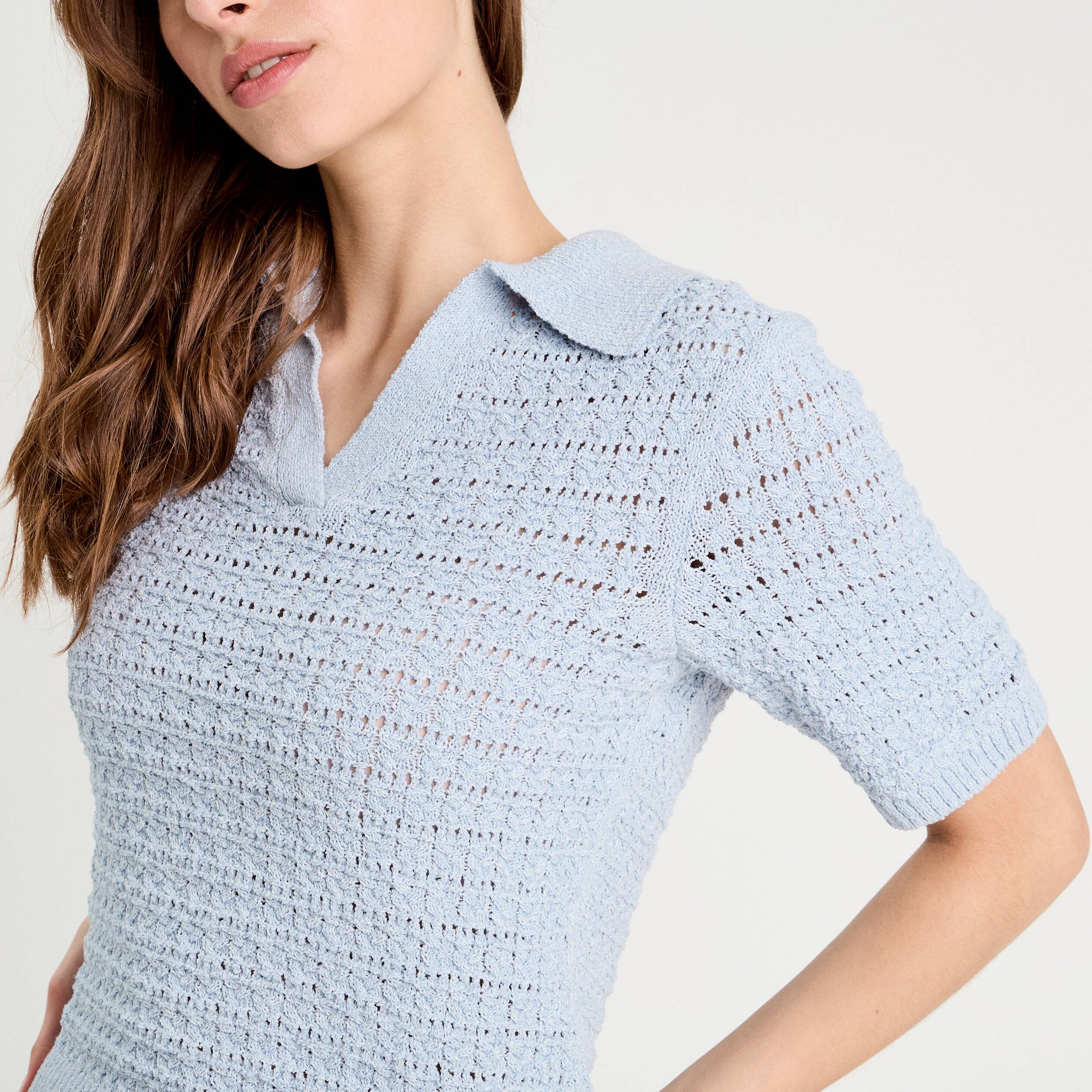 polo manches courtes ajoure denim snow gris femme Polo manches courtes ajouré denim snow gris femme