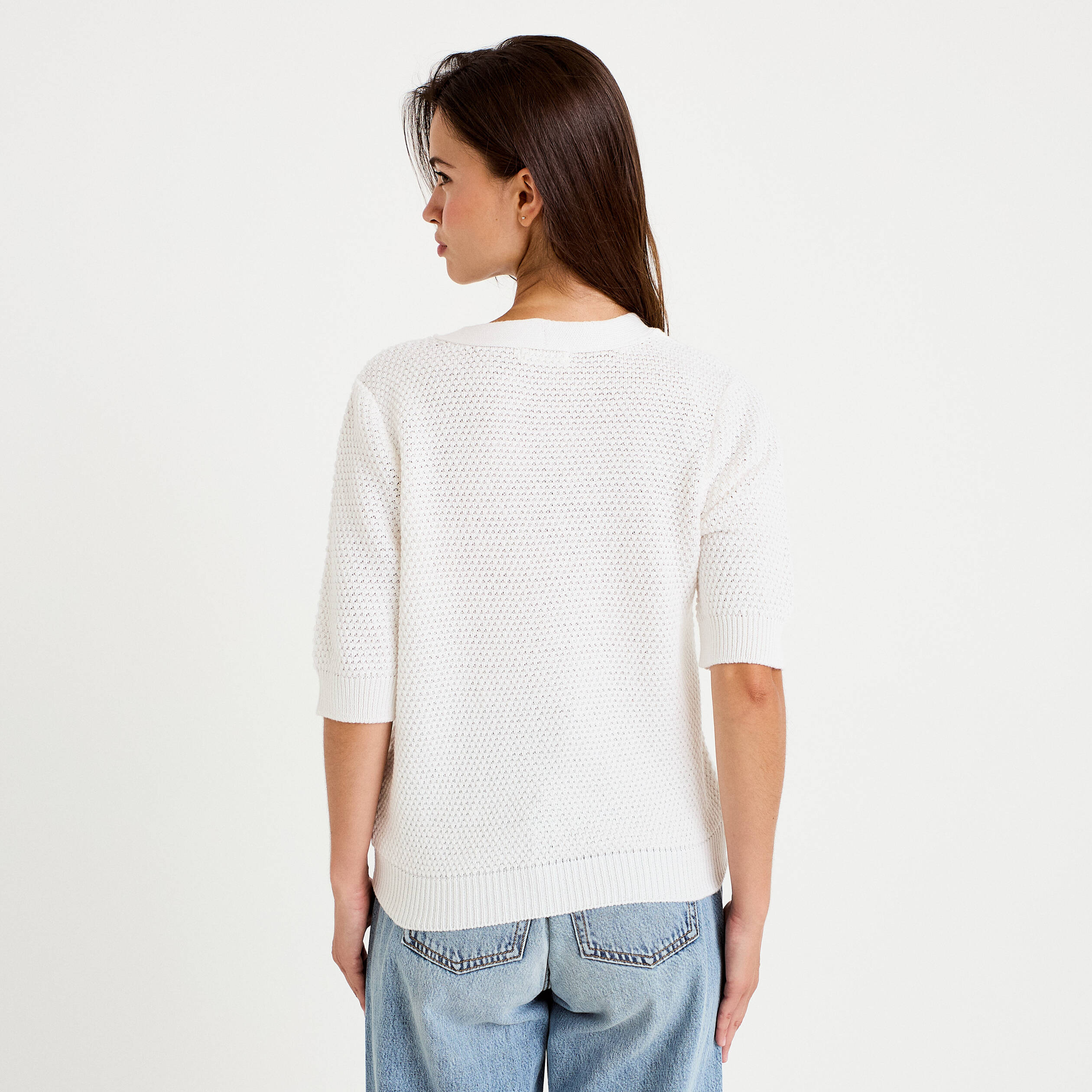 Gilet col v manches courtes ecru femme