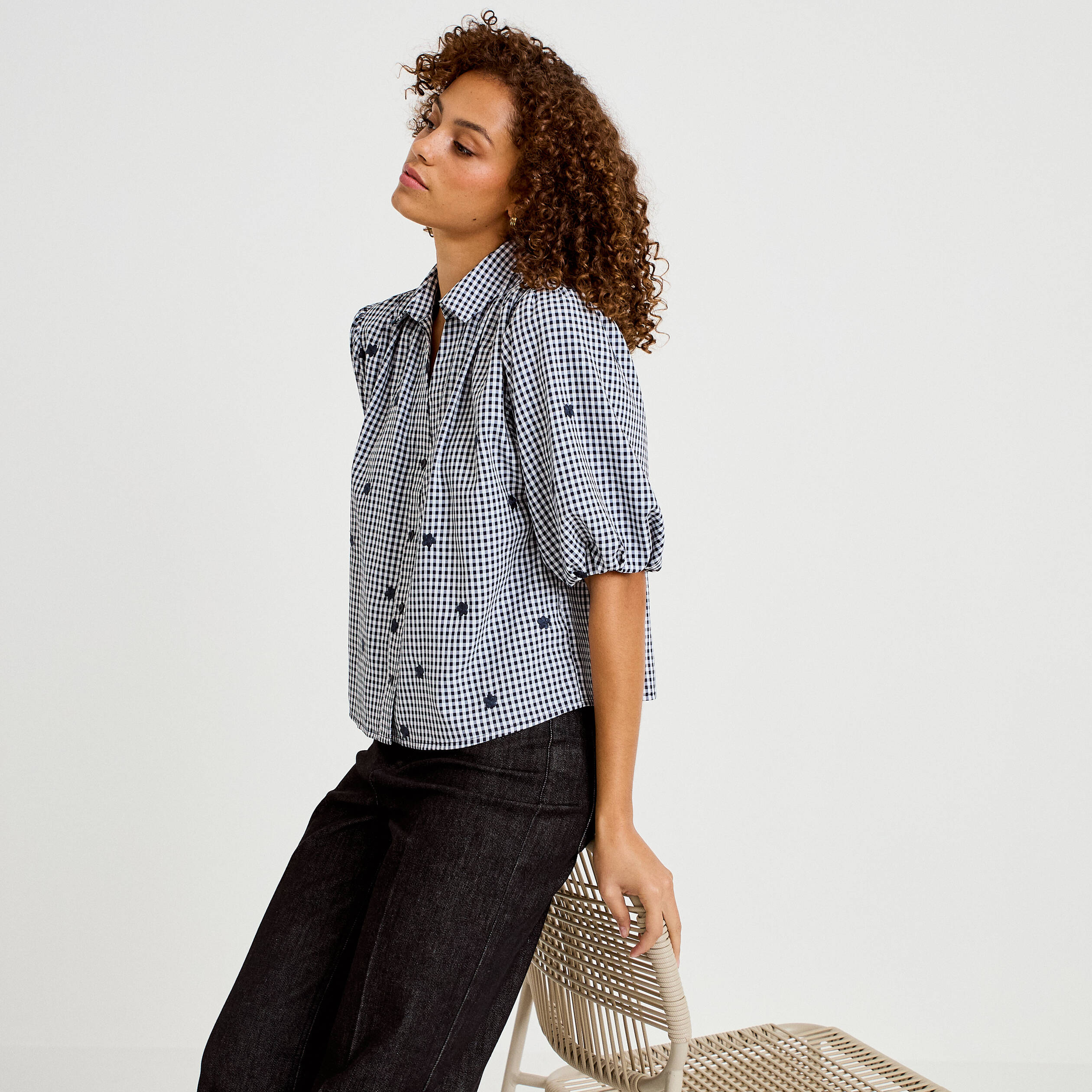 Chemise droite col classique manches 3/4 bleu marine femme