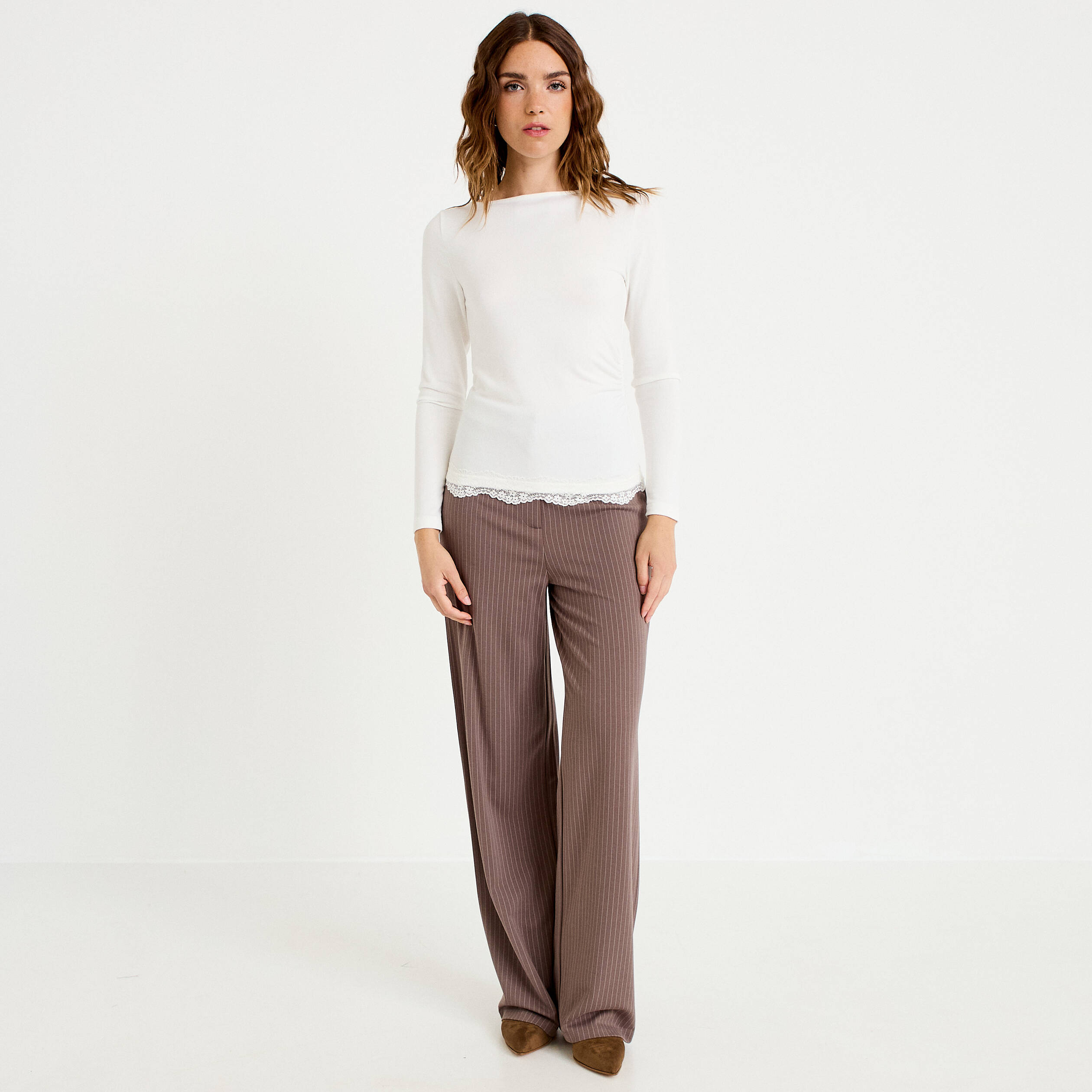 Pantalon large taille haute taupe femme