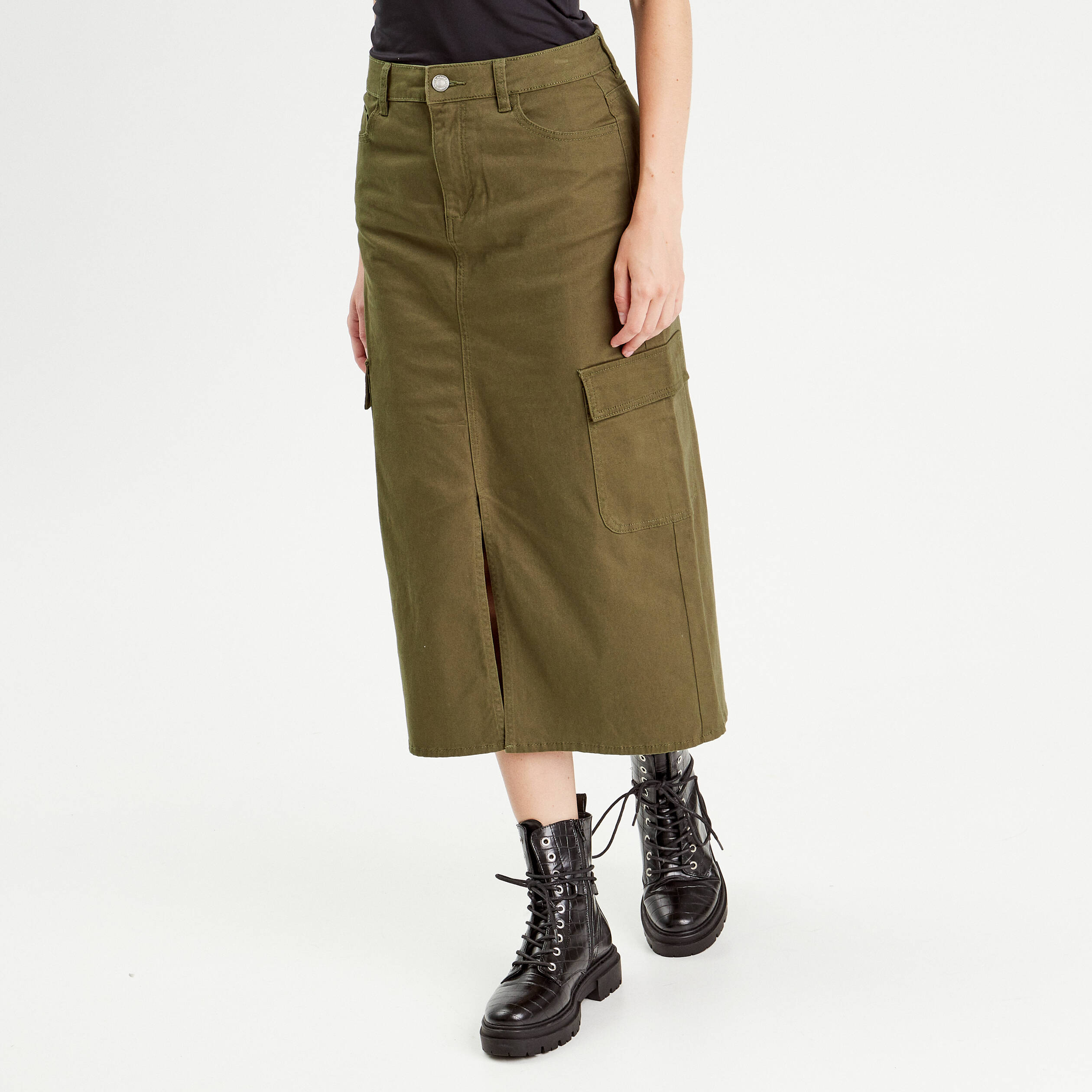 jupe midi droite poches rabats vert fonce femme Jupe midi droite poches rabats vert foncé femme
