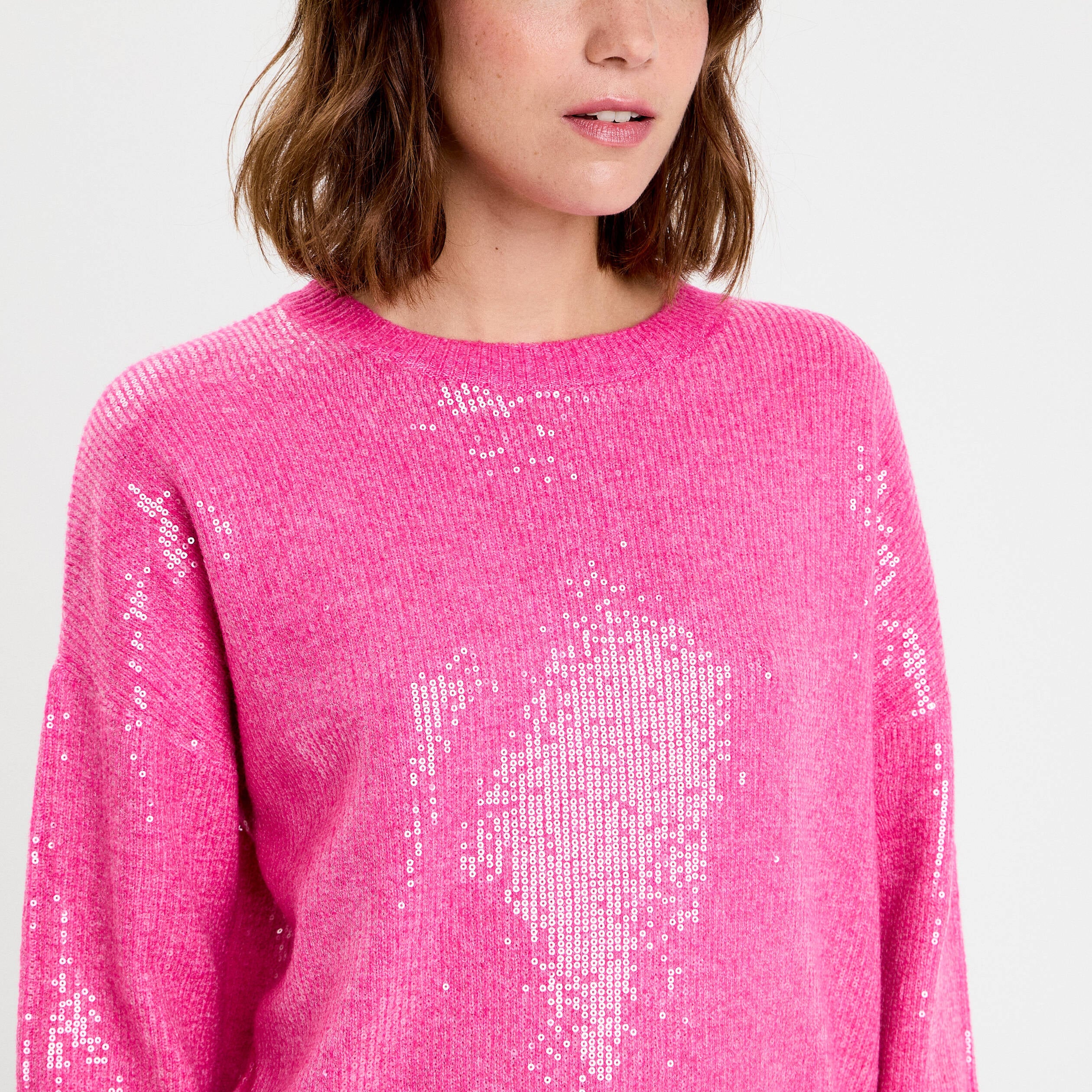 Pull manches longues avec sequins rose fushia femme