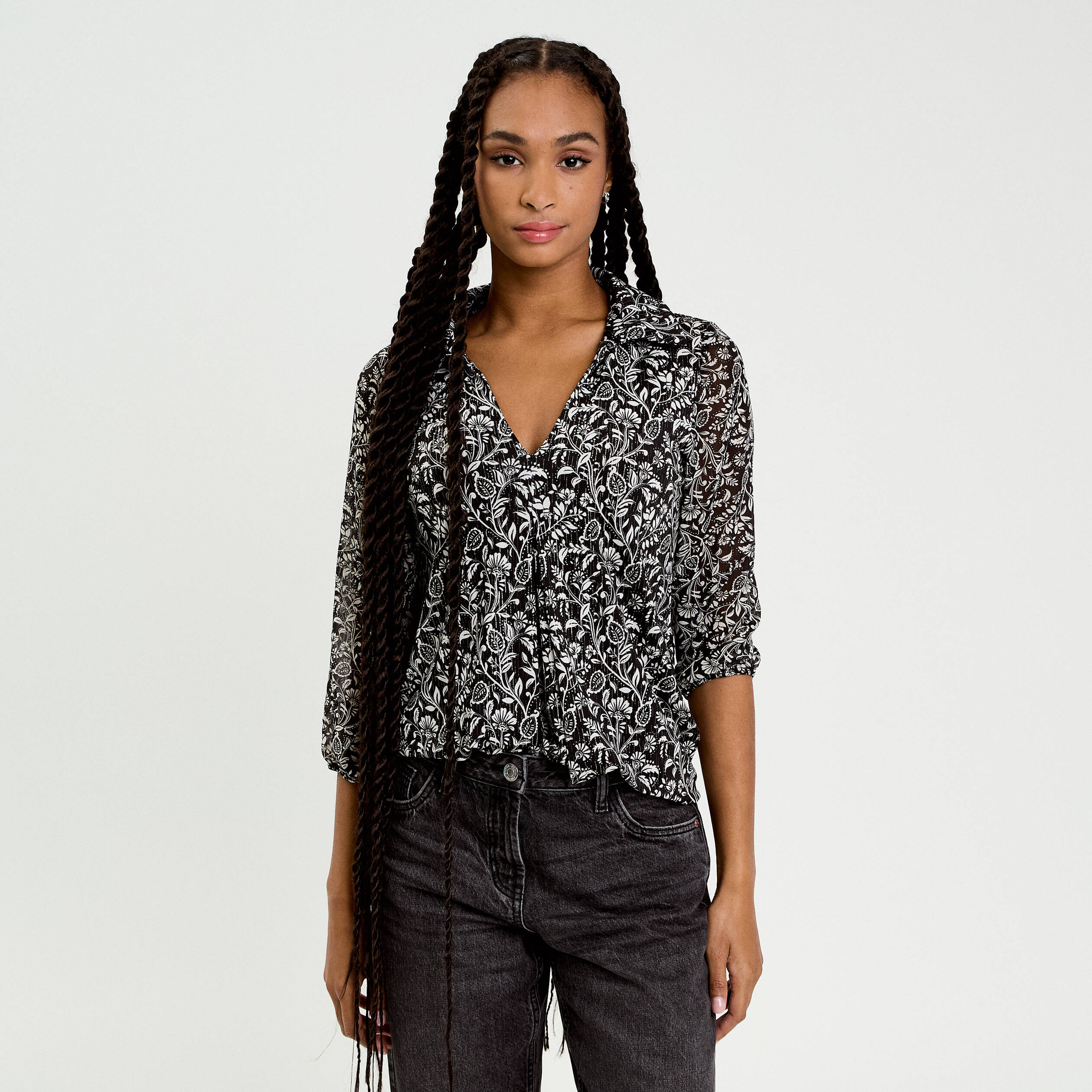 Chemisier Femme Col En V Manches 3-4 Couleur Unie Casual Chemise Lâche Ete Décontracté Confortable - Taille EU - Noir Noir - Prêt-à-Porter