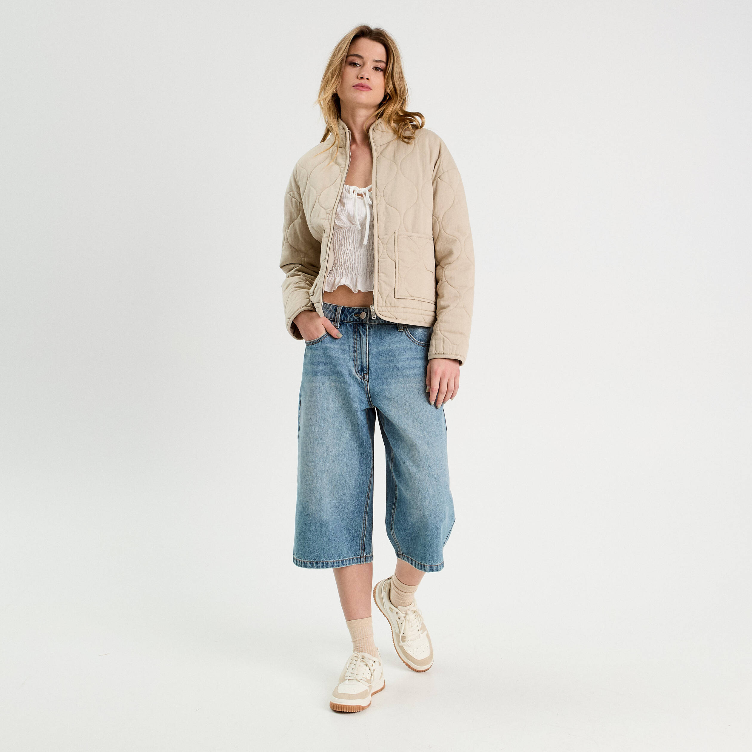 Bermuda large en jean denim double stone femme