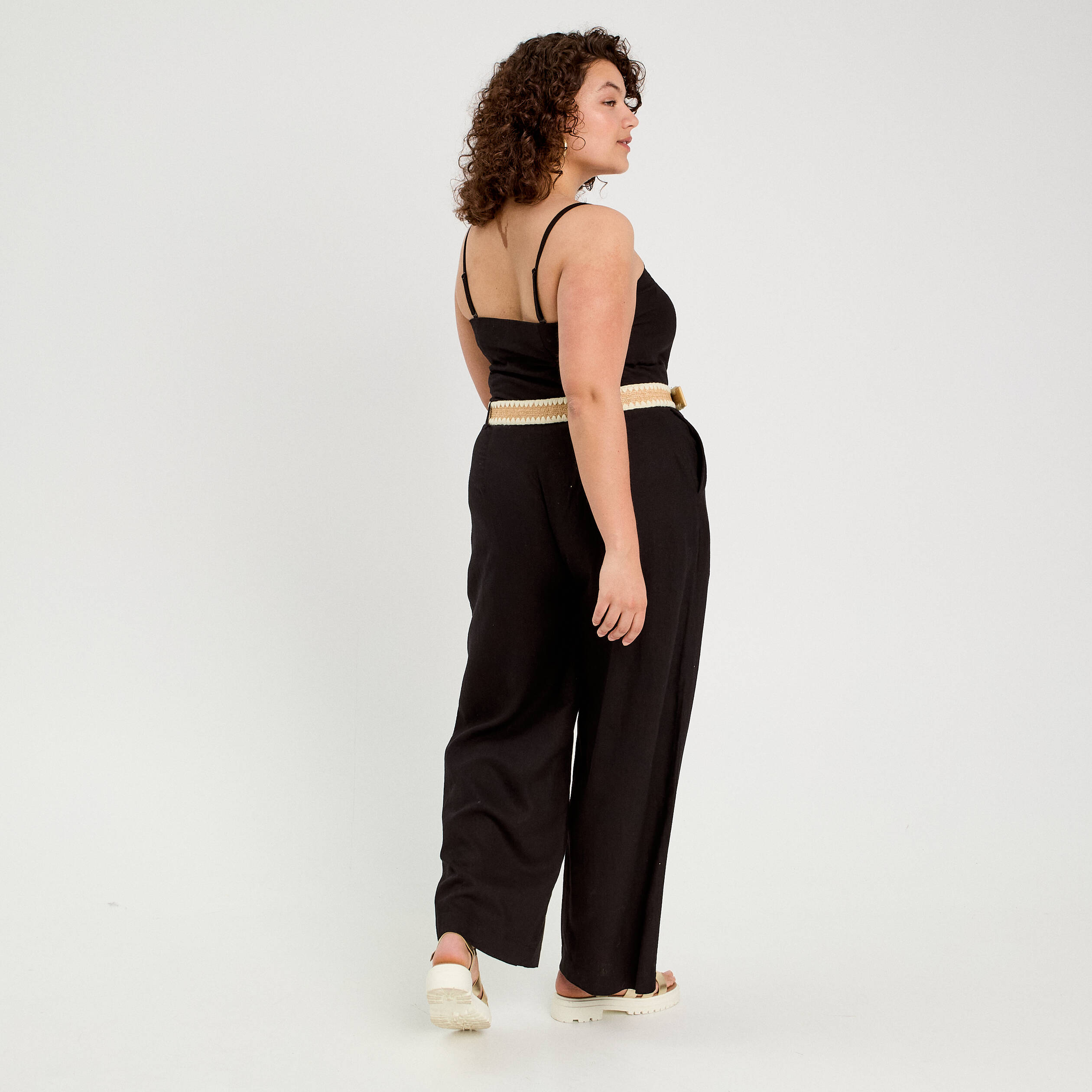 Combinaison pantalon bretelles avec lin noir femme