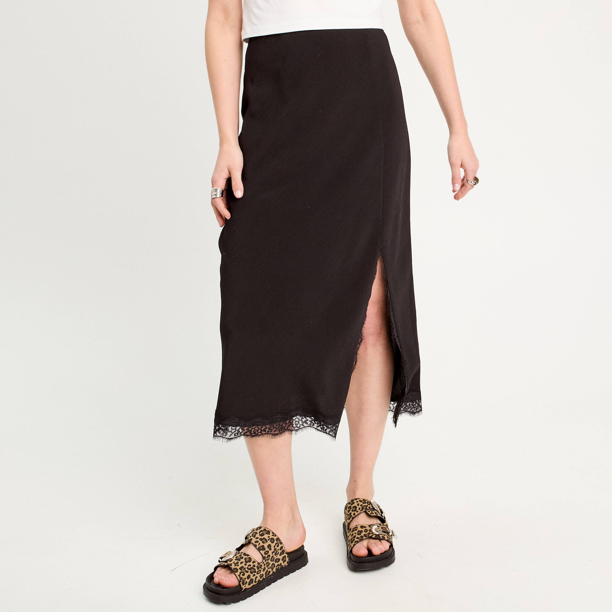 jupe midi droite fendue noir femme Jupe midi droite fendue noir femme