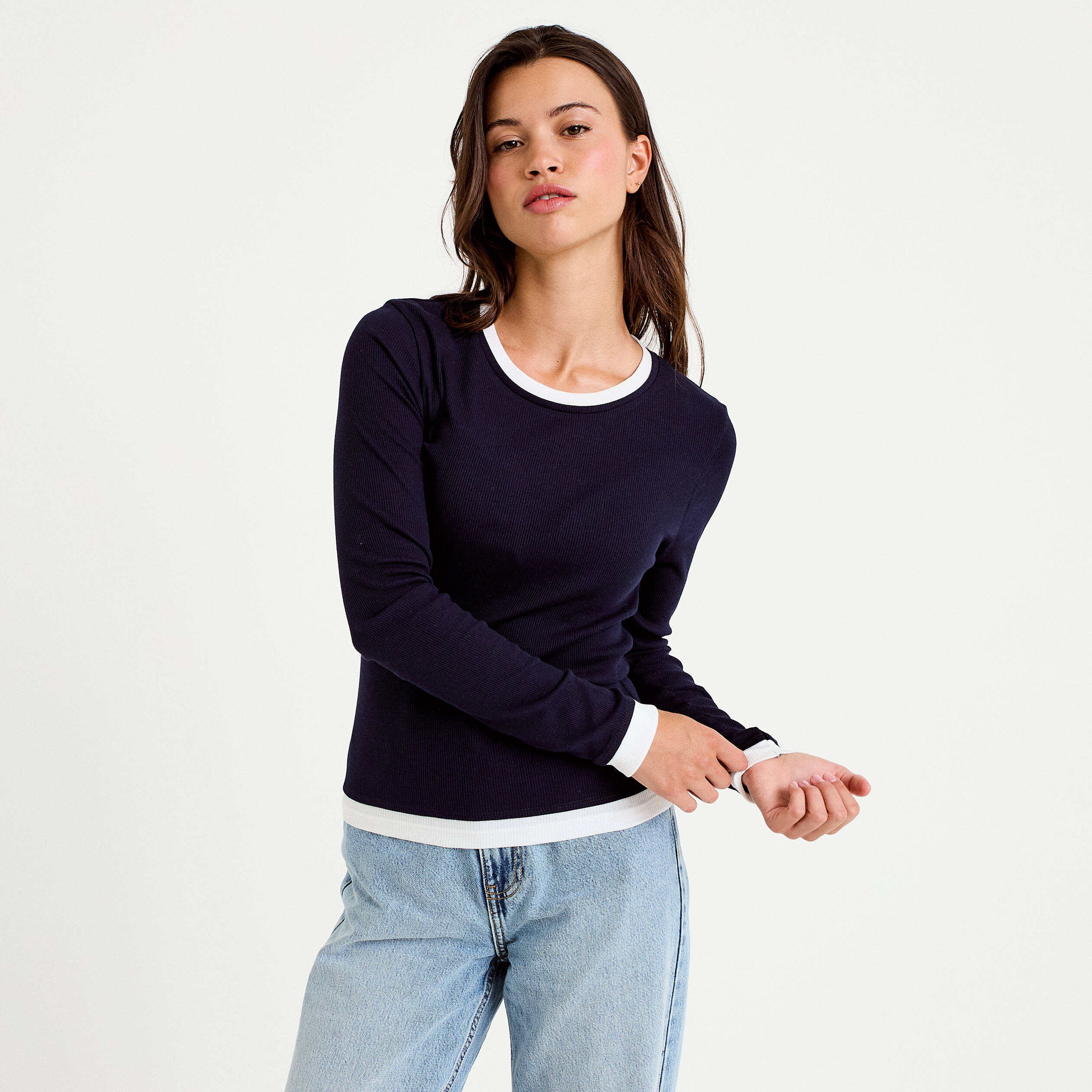 T-shirt 2-en-1 col rond manches longues bleu marine femme