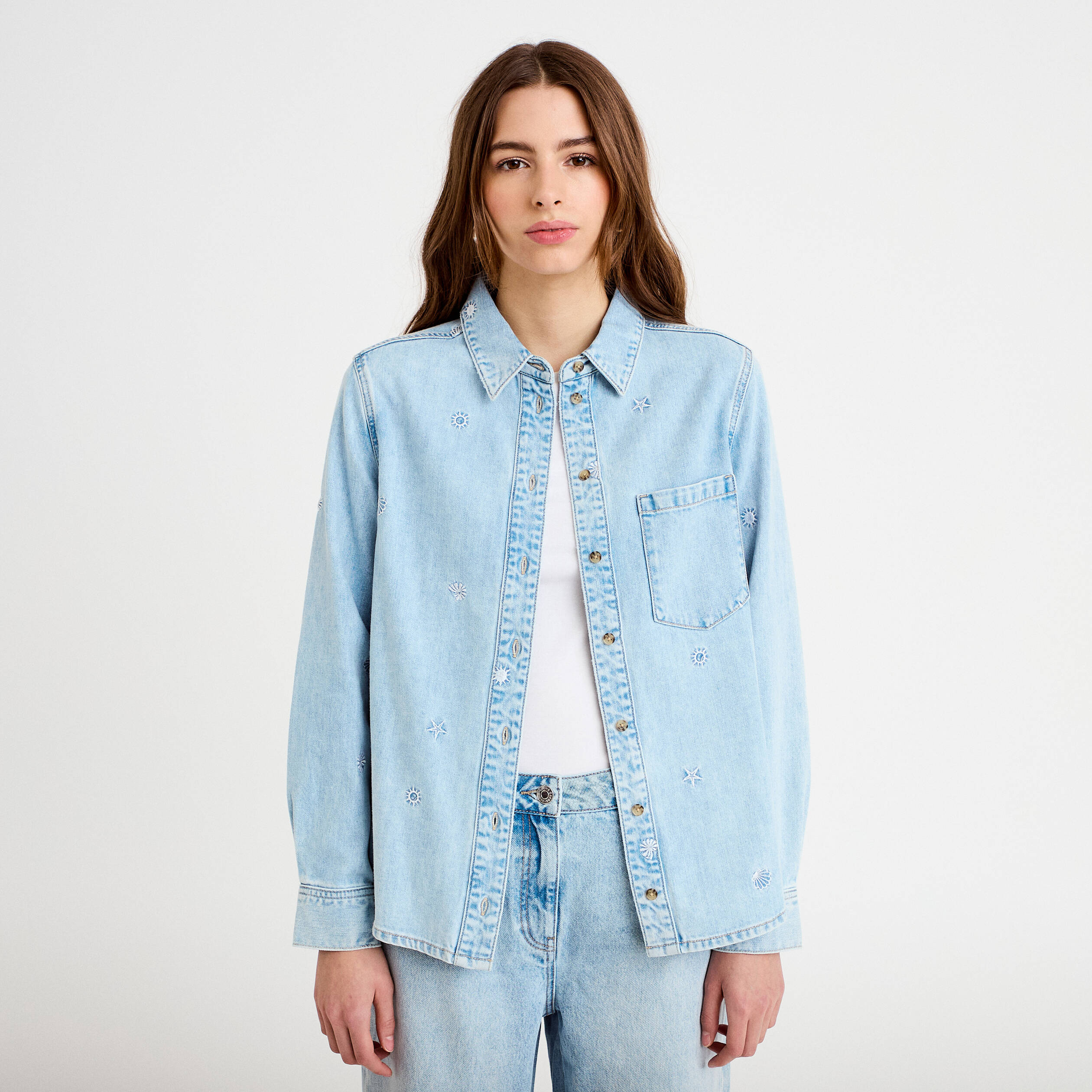Chemise droite courte manches longues bleu femme