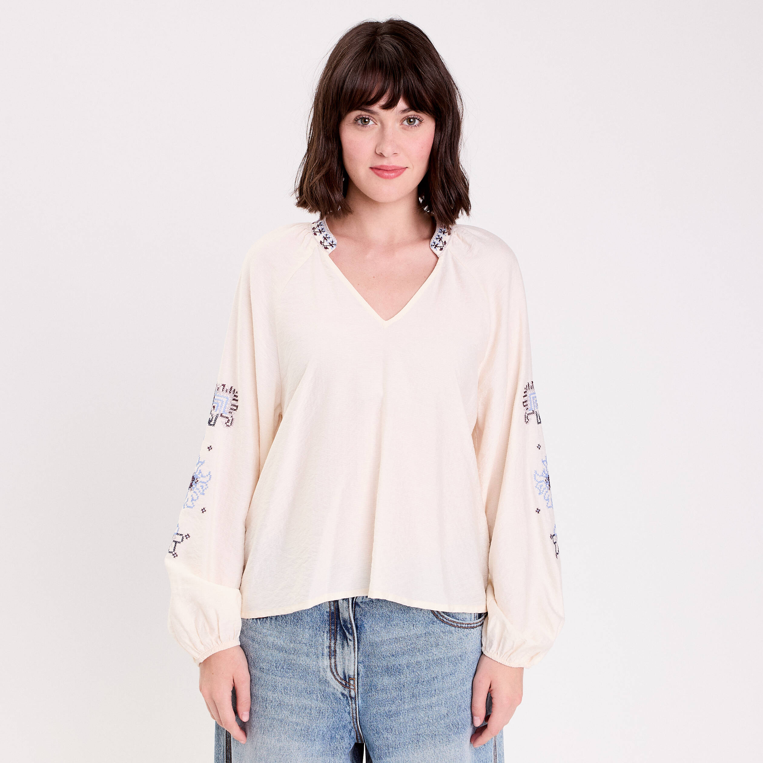 Blouse oversize col v manches longues ecru femme