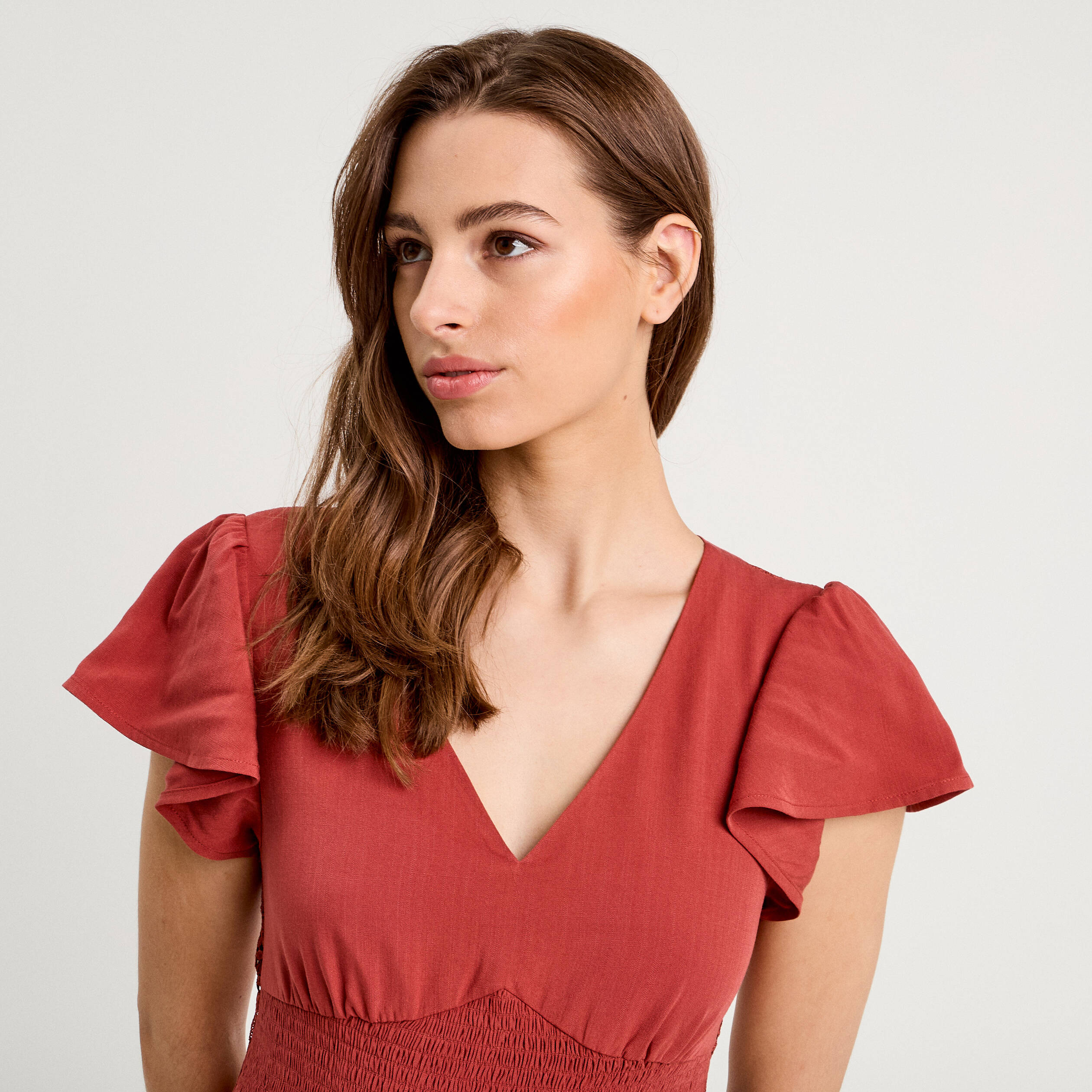robe longue evasee col en v vieux rose femme Robe longue évasée col en V vieux rose femme