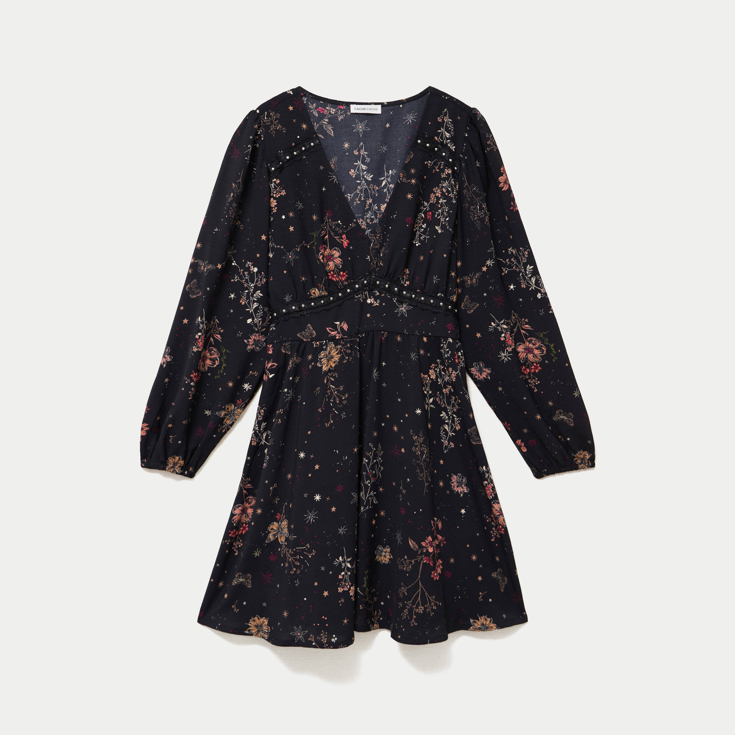 Robe courte &eacute;vas&eacute;e col v manches longues noir femme