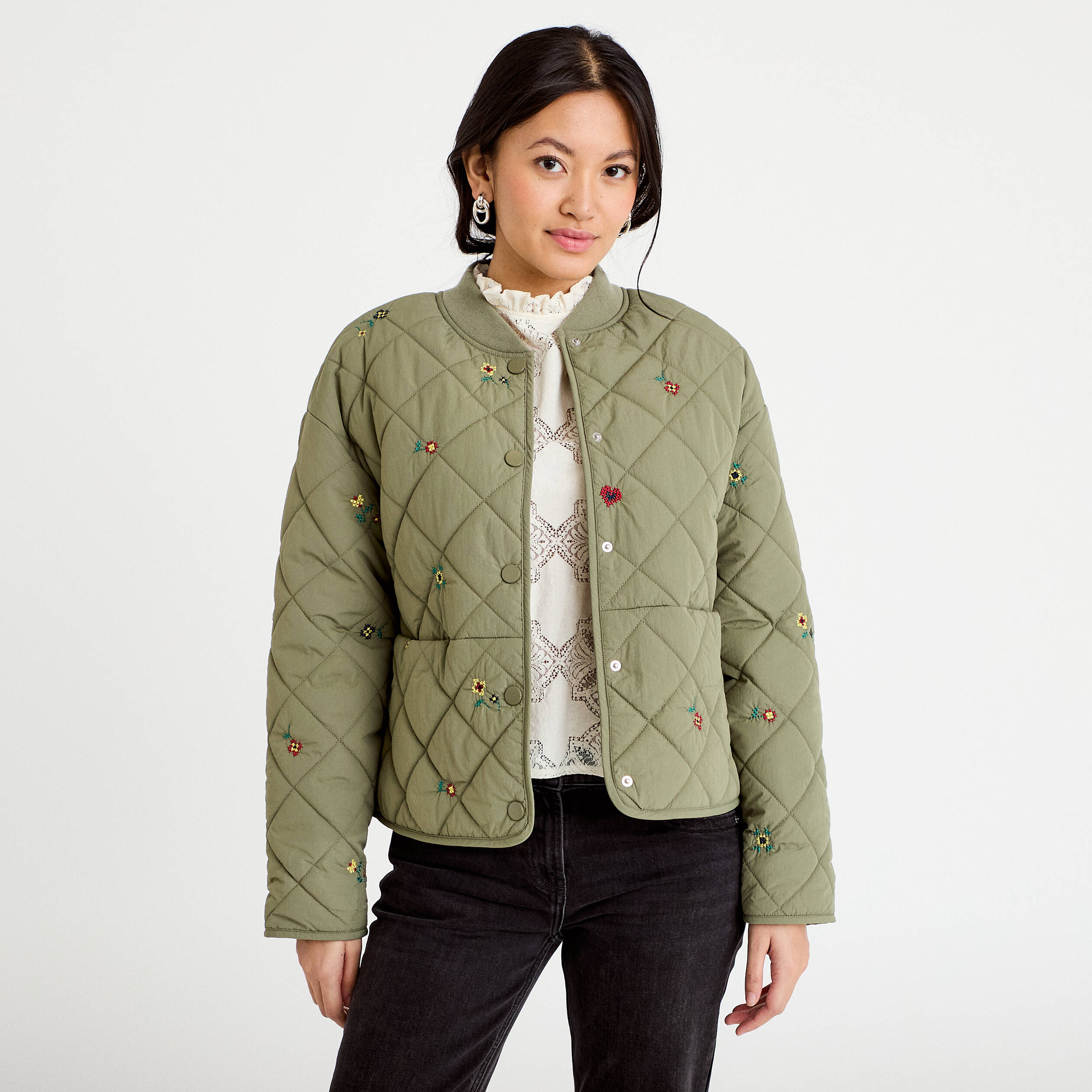 Veste matelass&eacute;e brod&eacute;e vert kaki femme