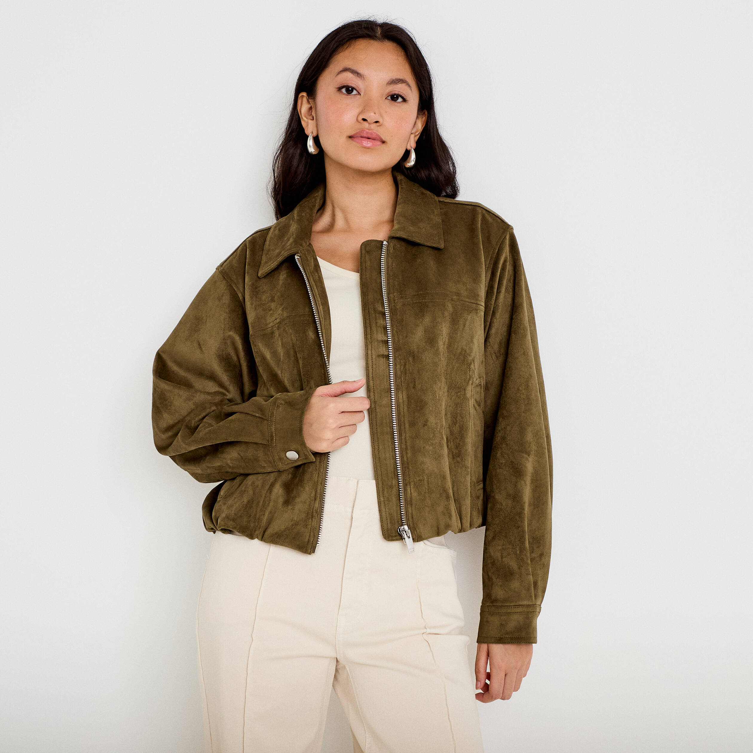 Veste effet boule oversize cropped vert kaki femme