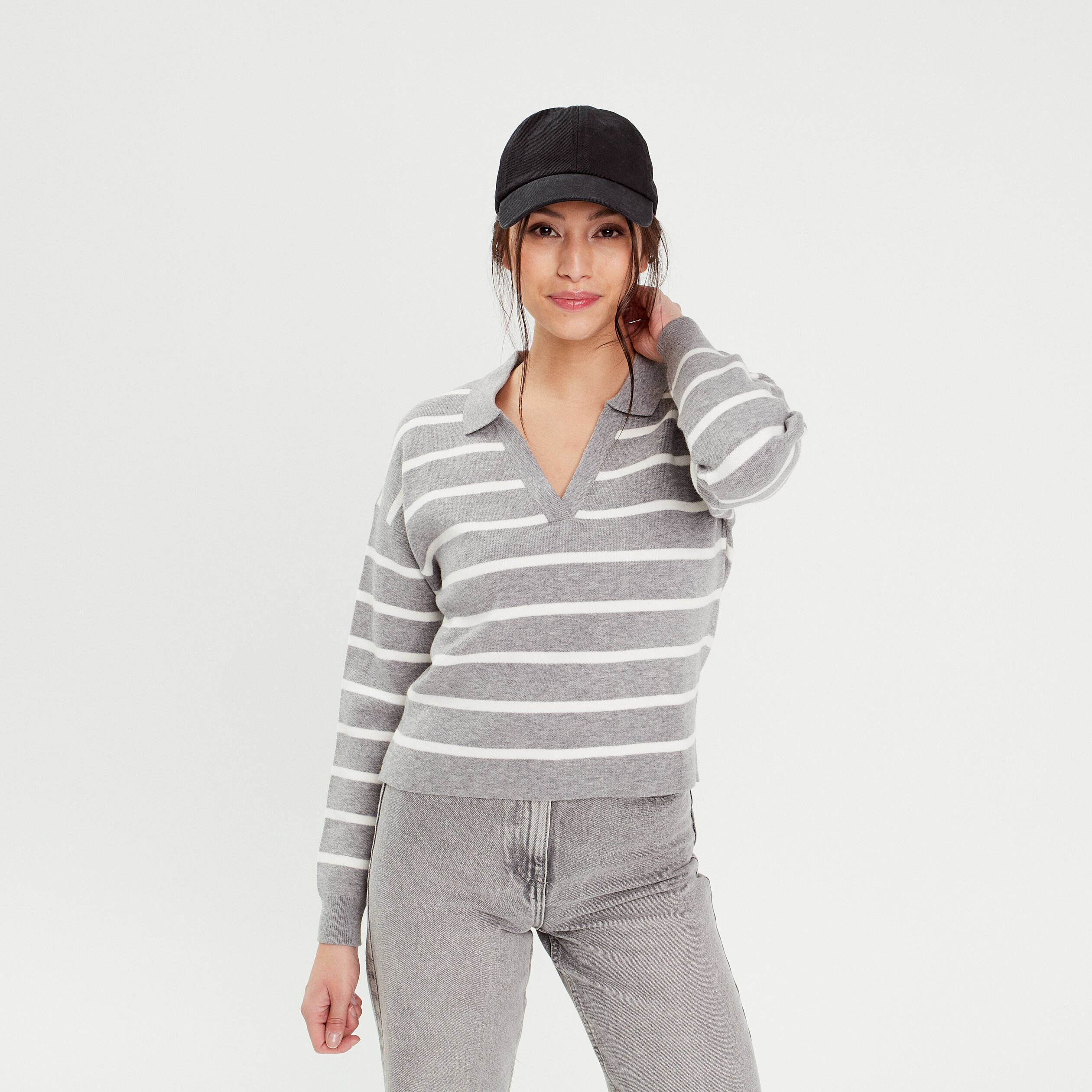 Pull manches longues col polo gris clair femme