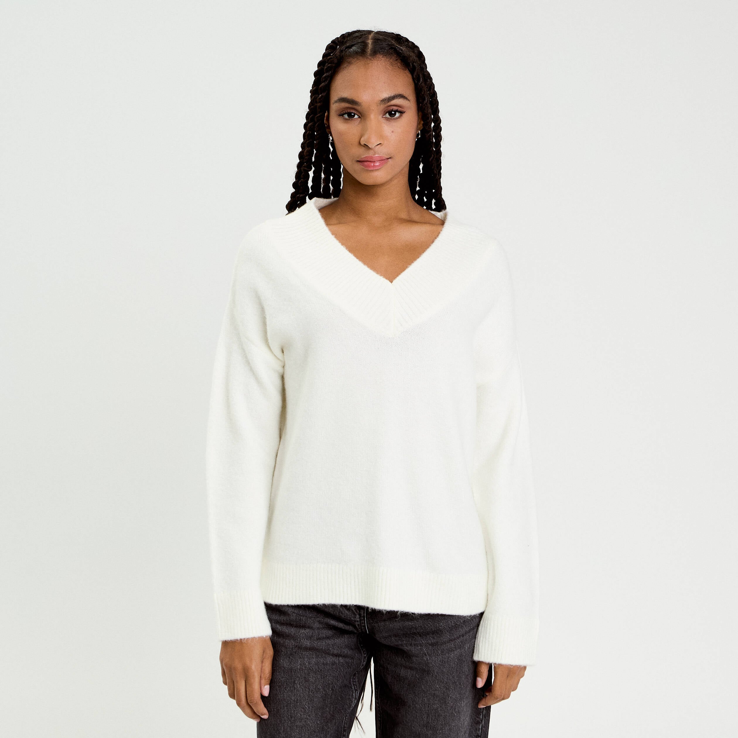 Pull oversize col v manches longues ecru femme