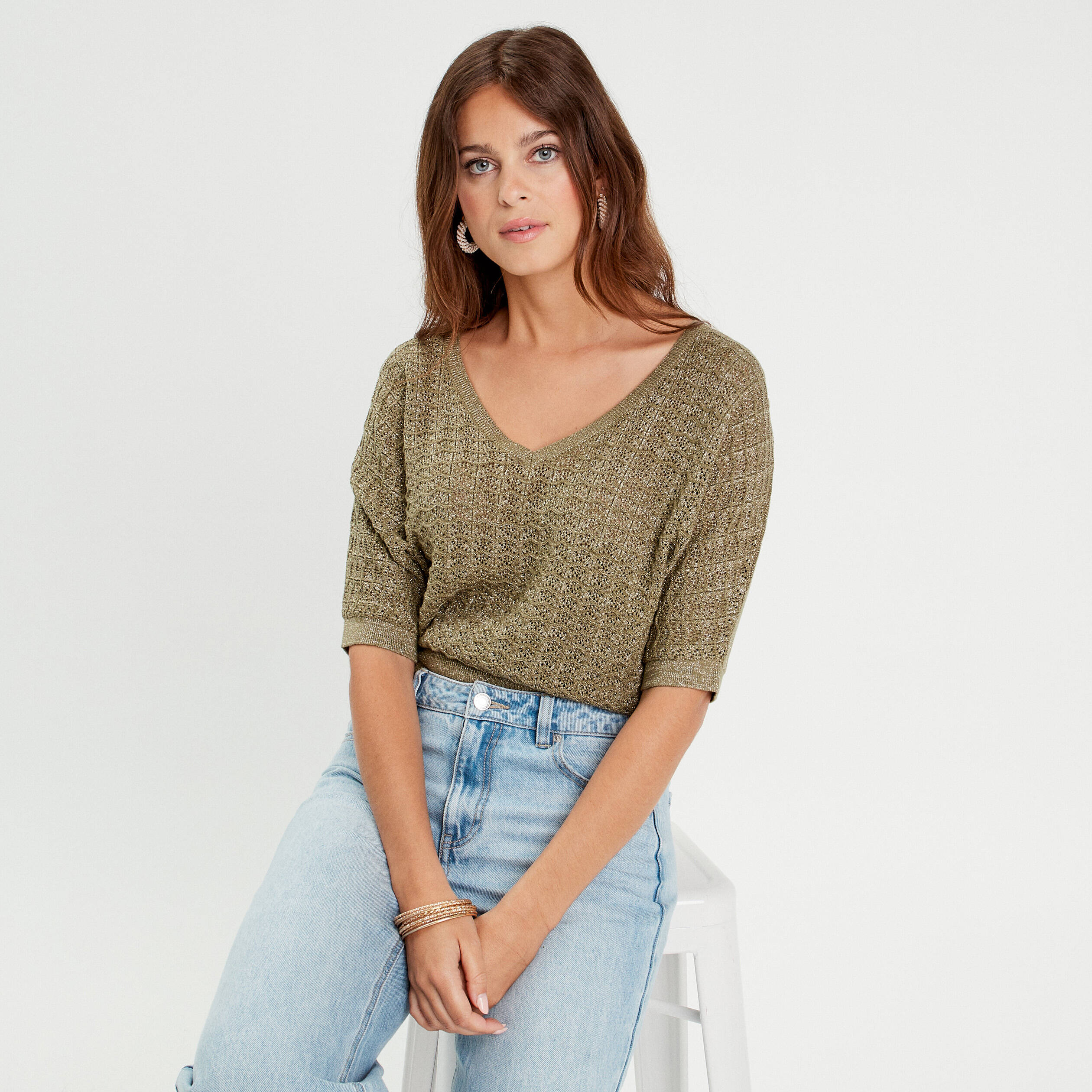 Pull manches 3/4 effet rayé - Bleu - Femme - 23.99