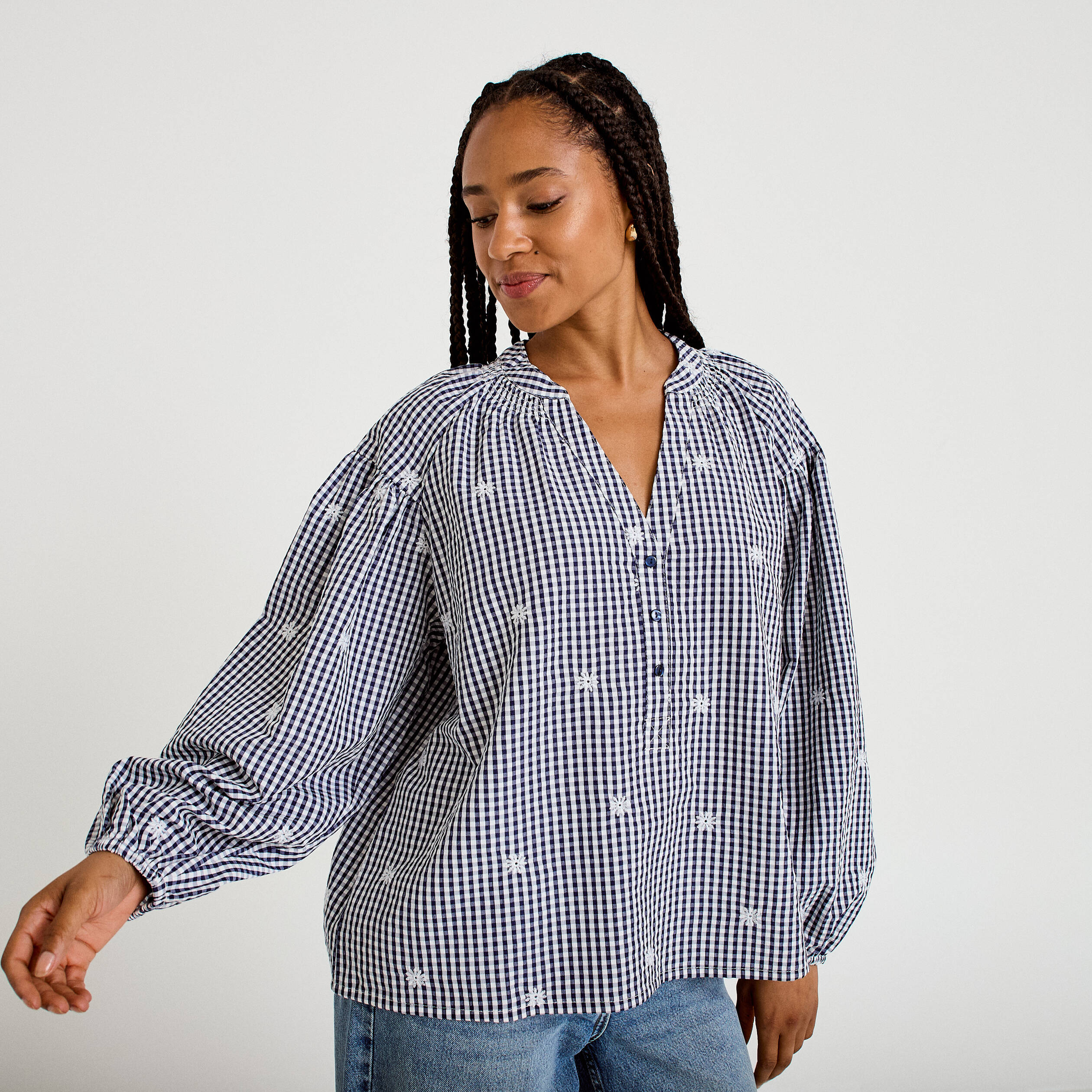 Blouse vichy brod&eacute;e bleu femme