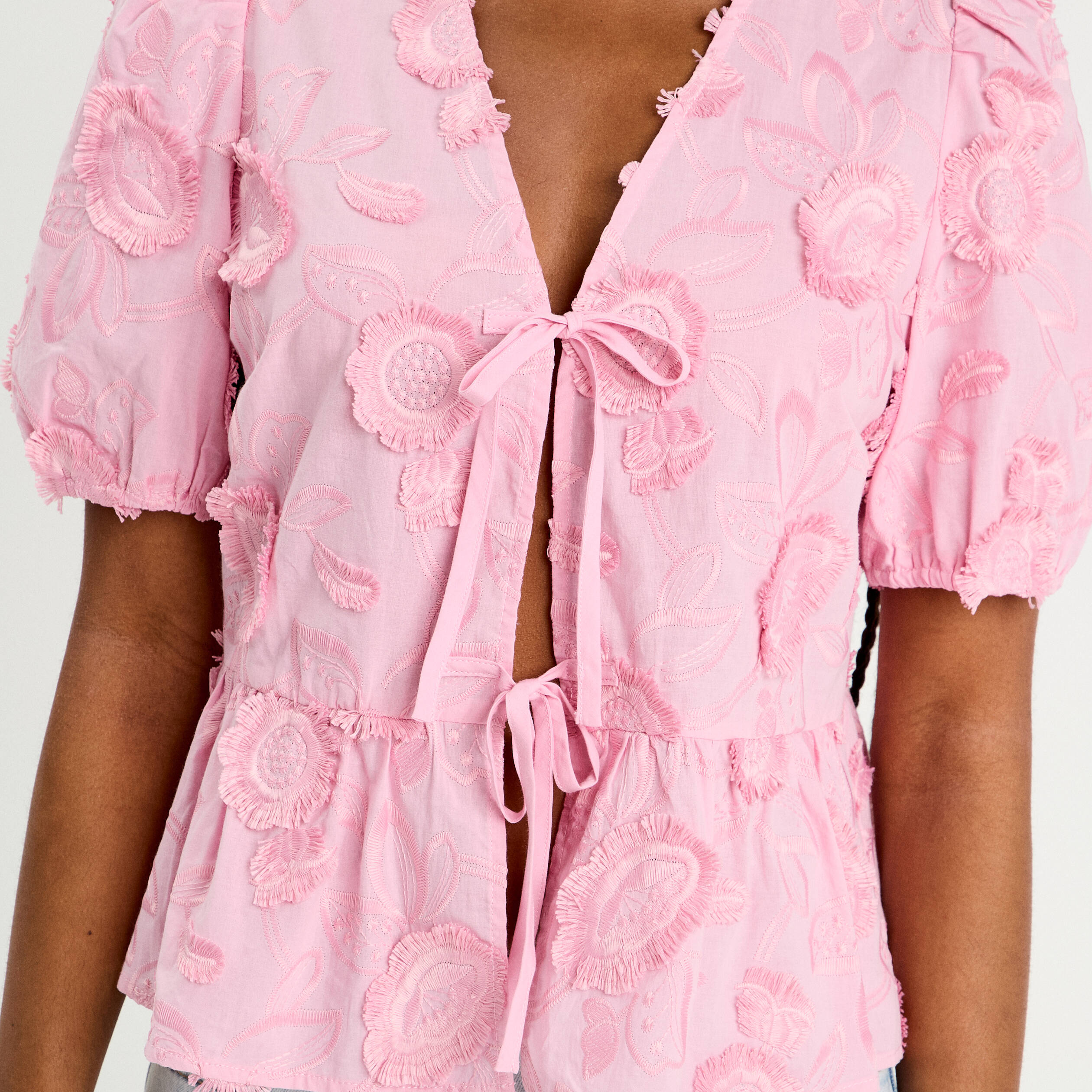 blouse manches courtes noeuds rose poudree femme Blouse manches courtes noeuds rose poudrée femme