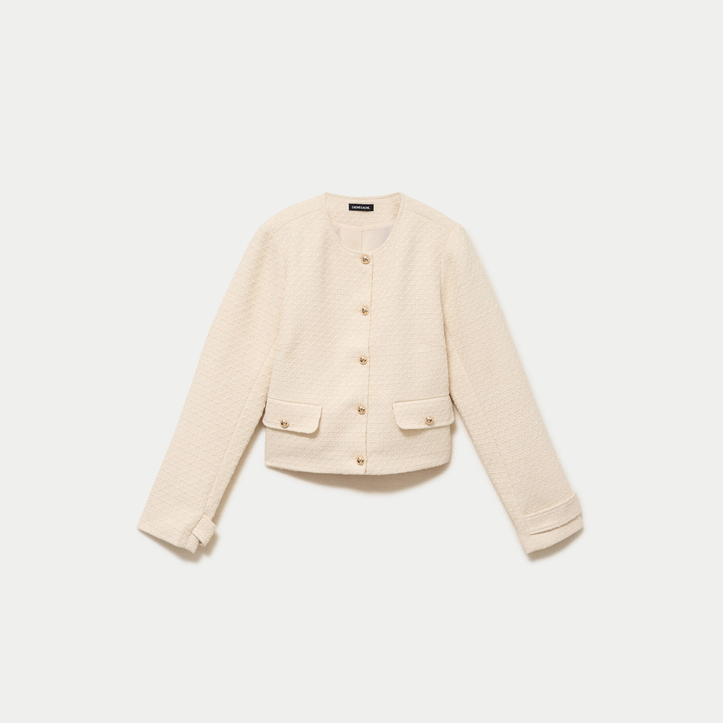 Veste tweed cintr&eacute;e col mao ecru femme
