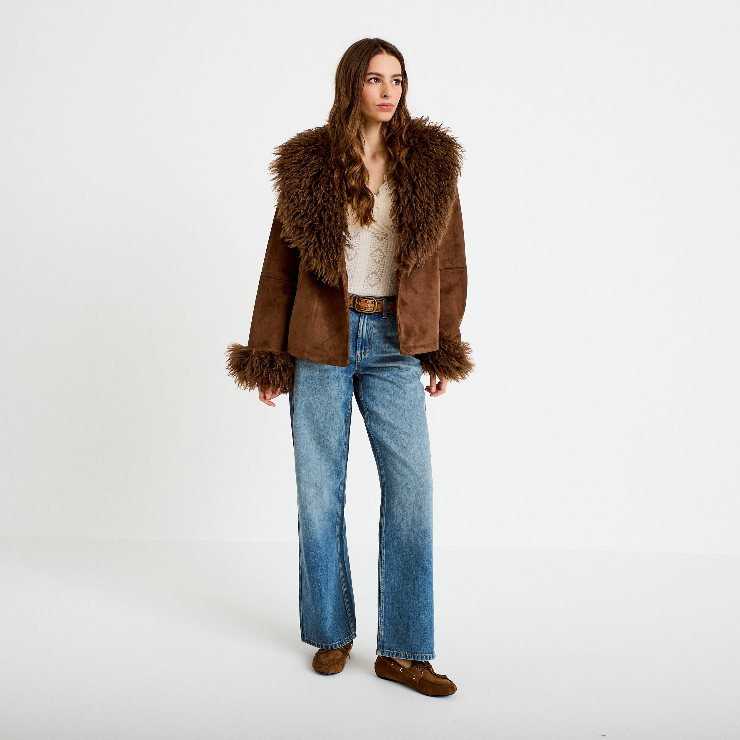 Manteau droit manches longues marron femme