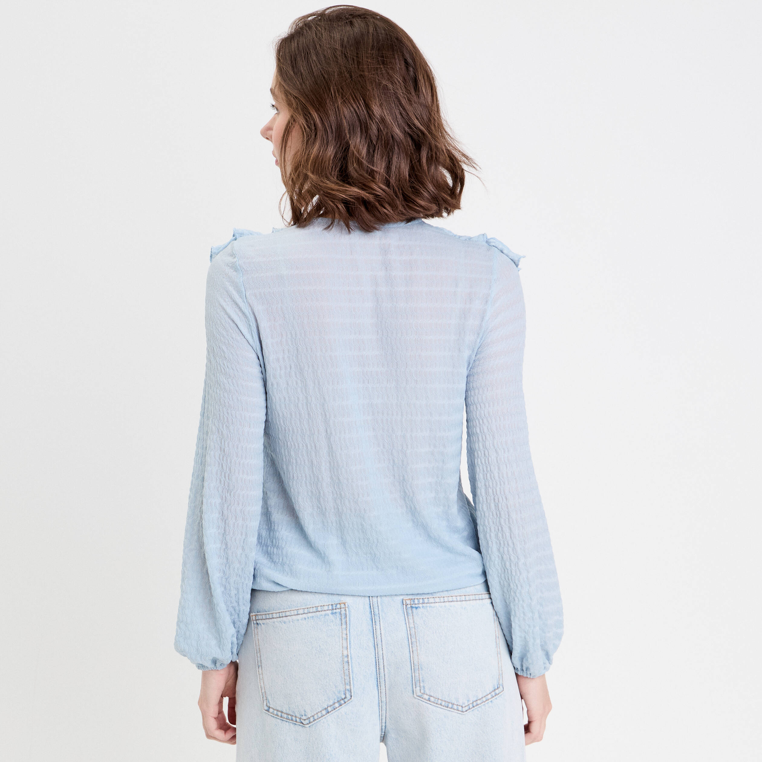 blouse manches longues aspect dentelle bleu clair femme Blouse manches longues aspect dentelle bleu clair femme