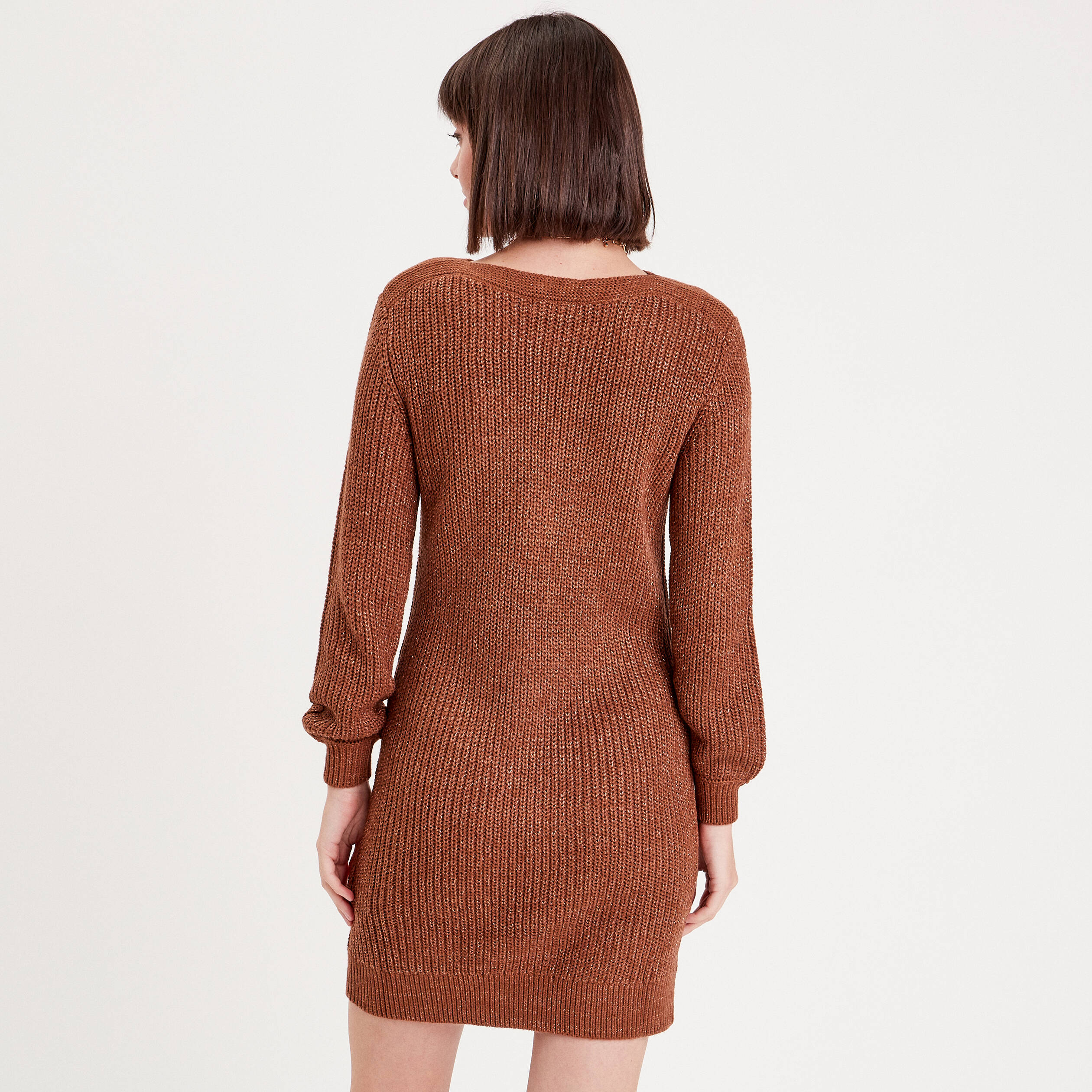 Robe pull droite col rond marron femme