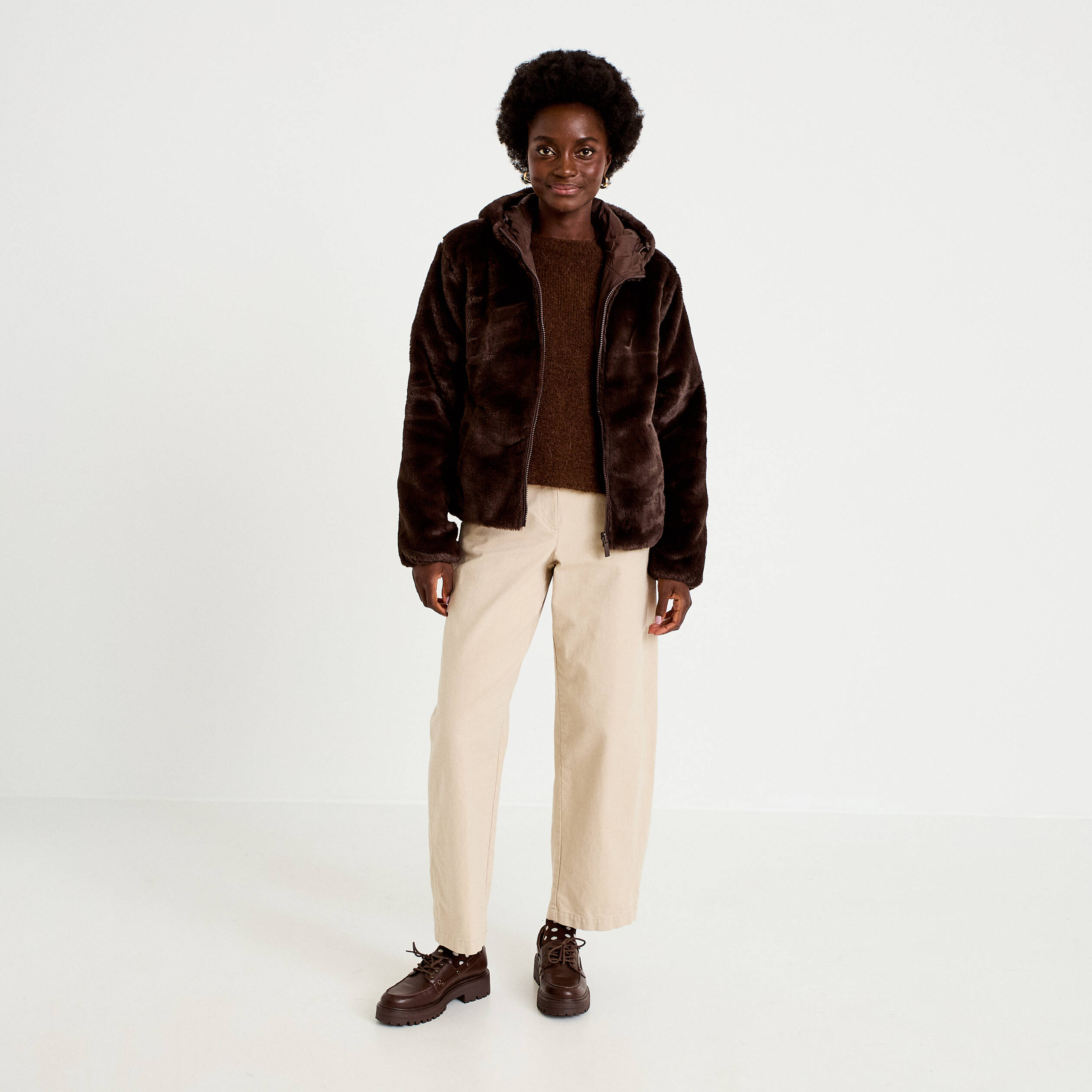 Parka r&eacute;versible &agrave; capuche marron fonc&eacute; femme