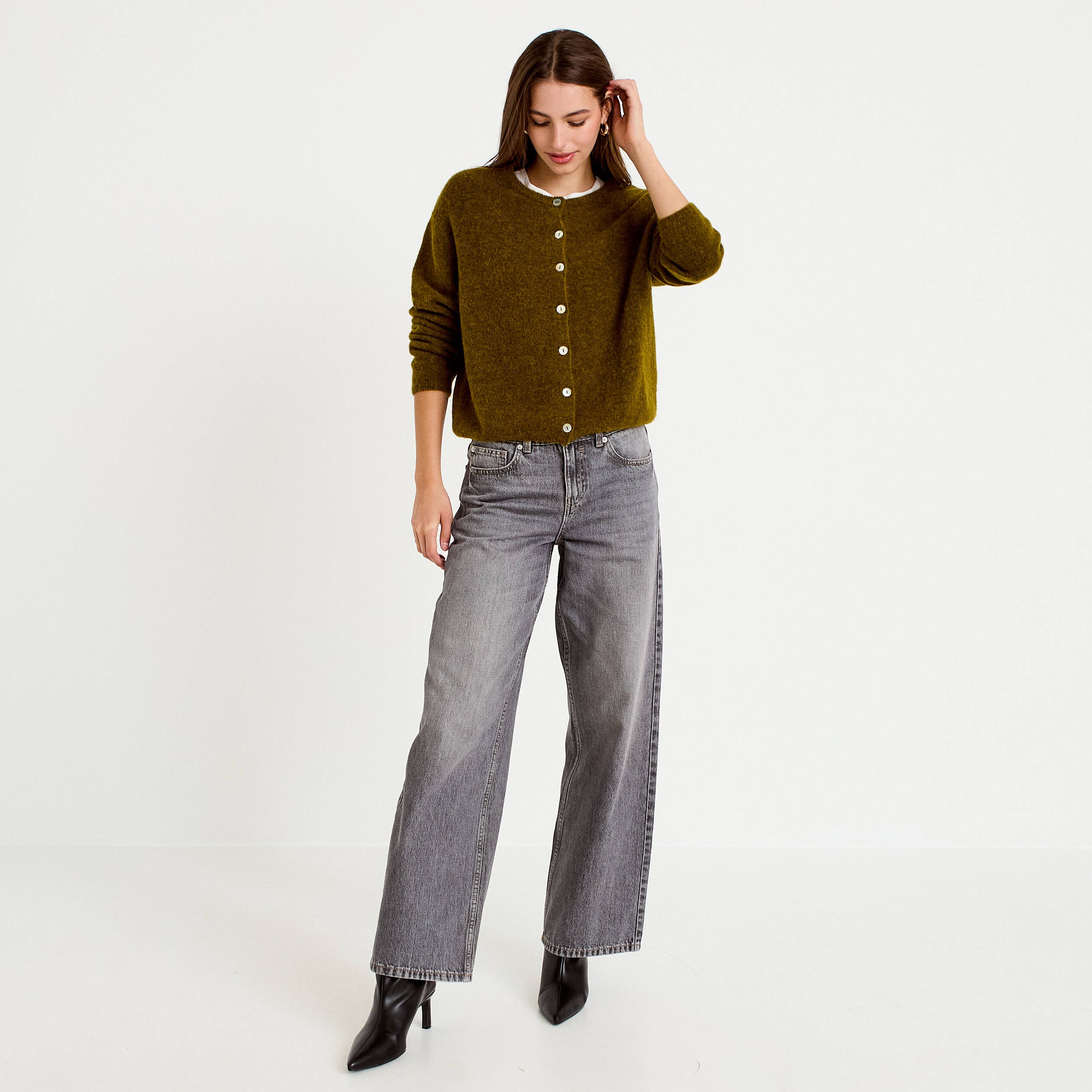 Gilet manches longues vert olive femme