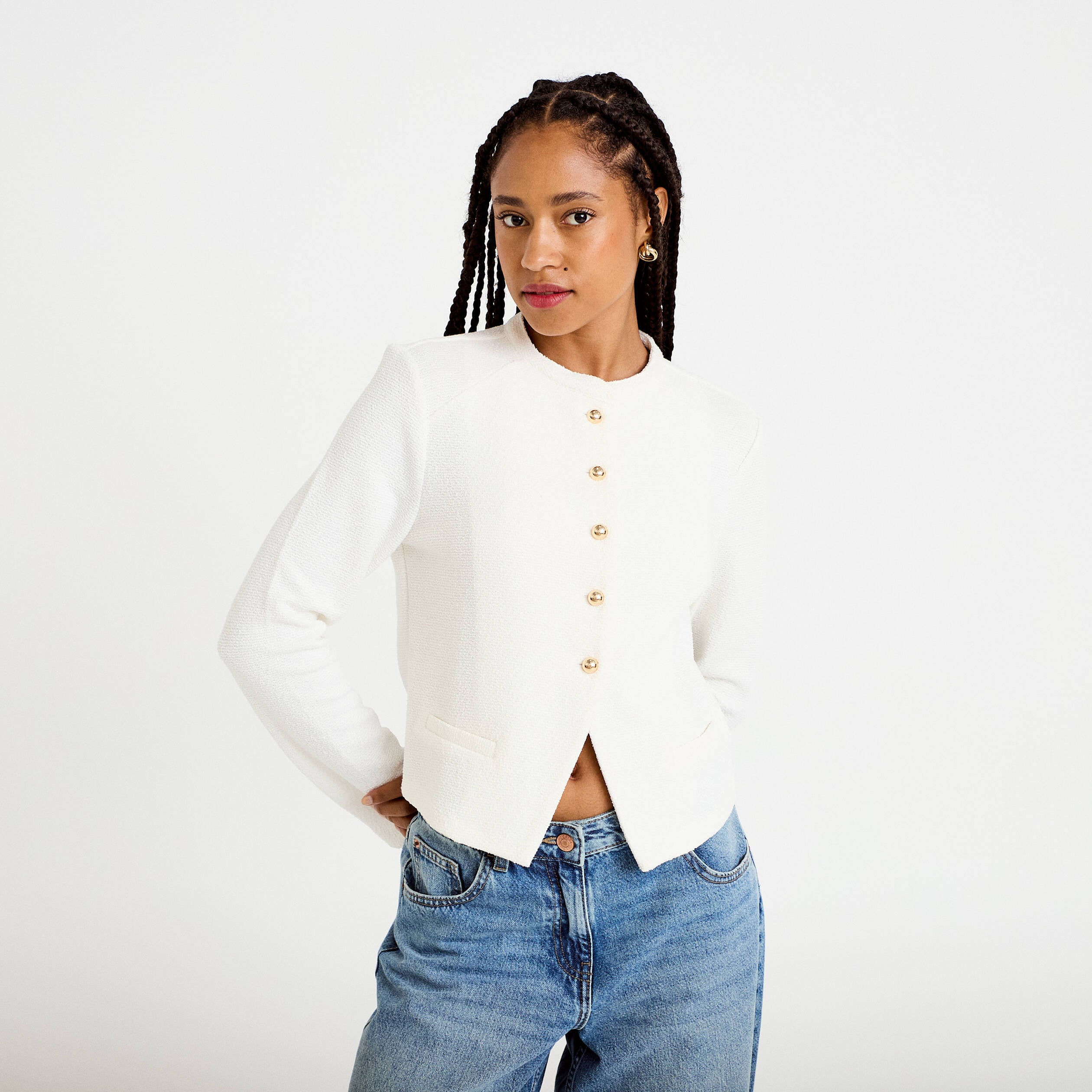 Veste tweed droite cropped col rond ecru femme