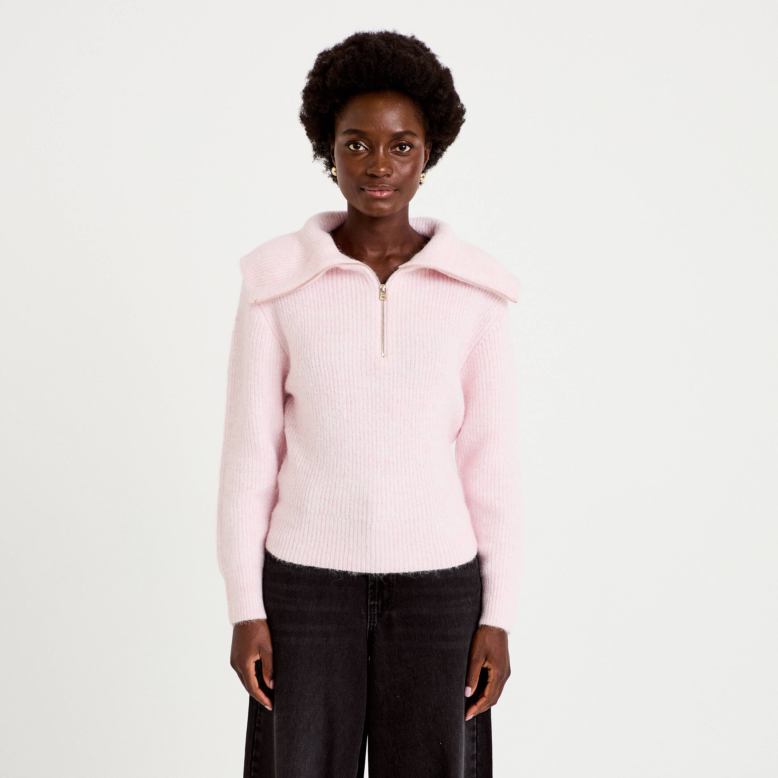 Pull col camionneur manches longues rose clair femme