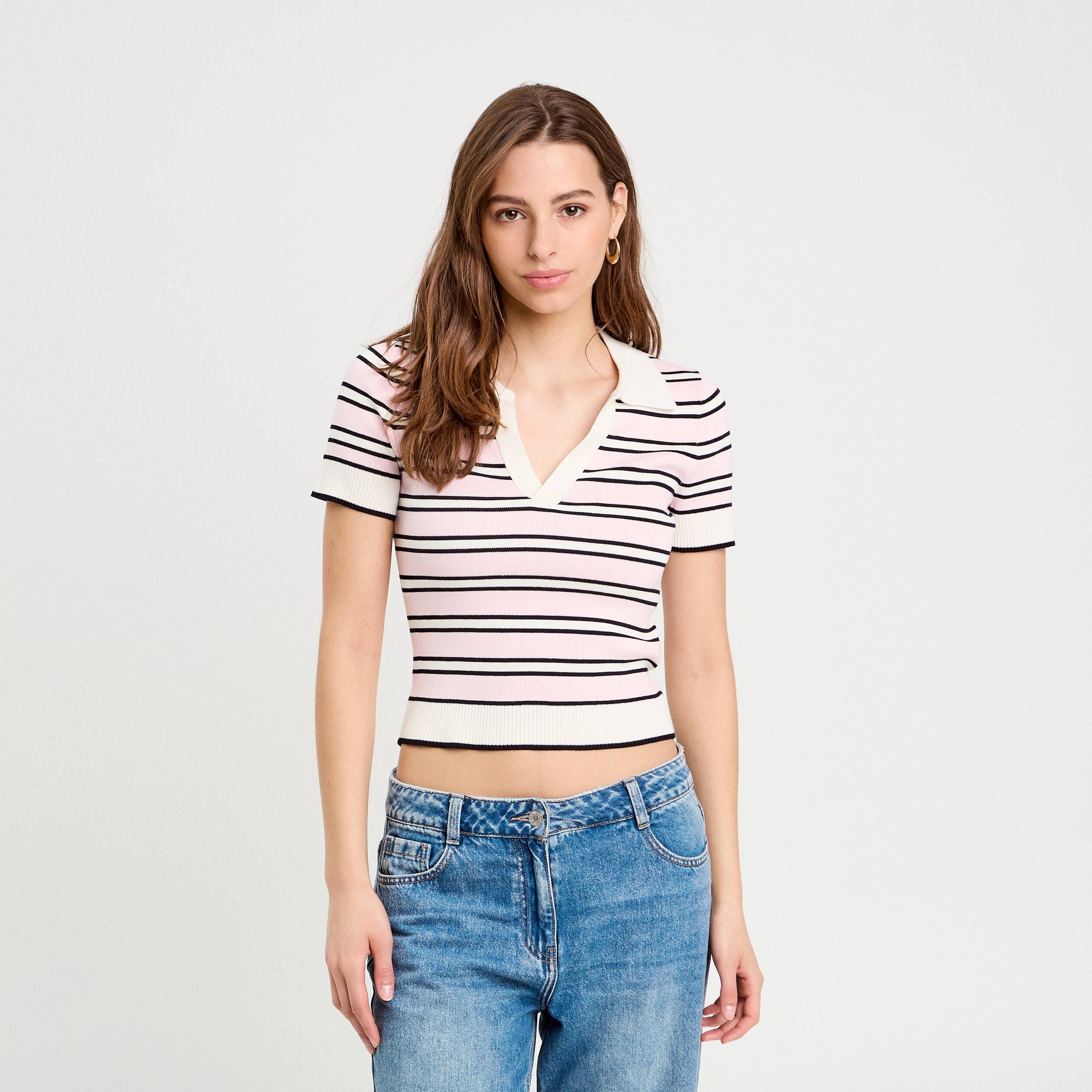 pull manches courtes col polo rose femme Pull manches courtes col polo rose femme
