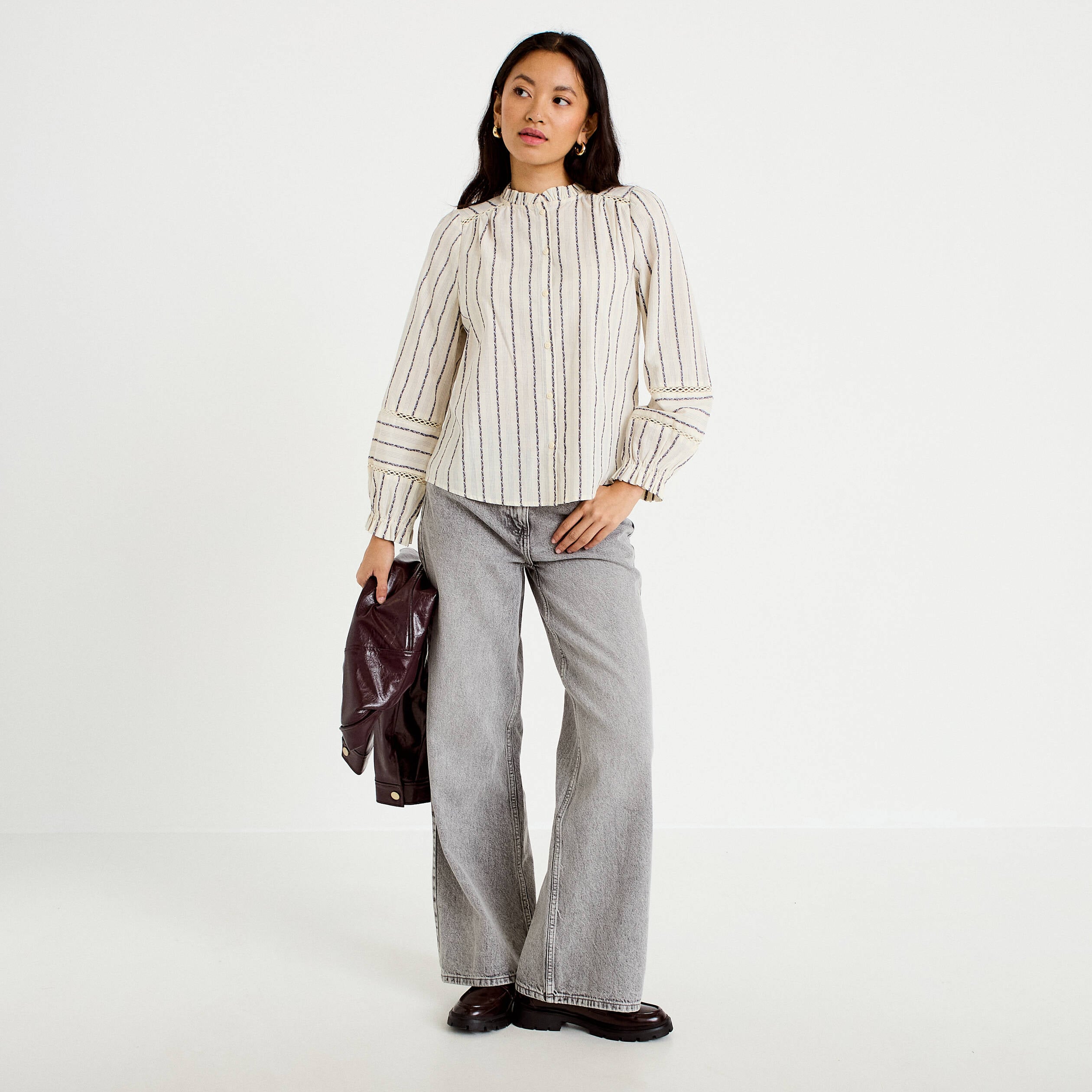 Blouse ajour&eacute;e manches longues blanc femme