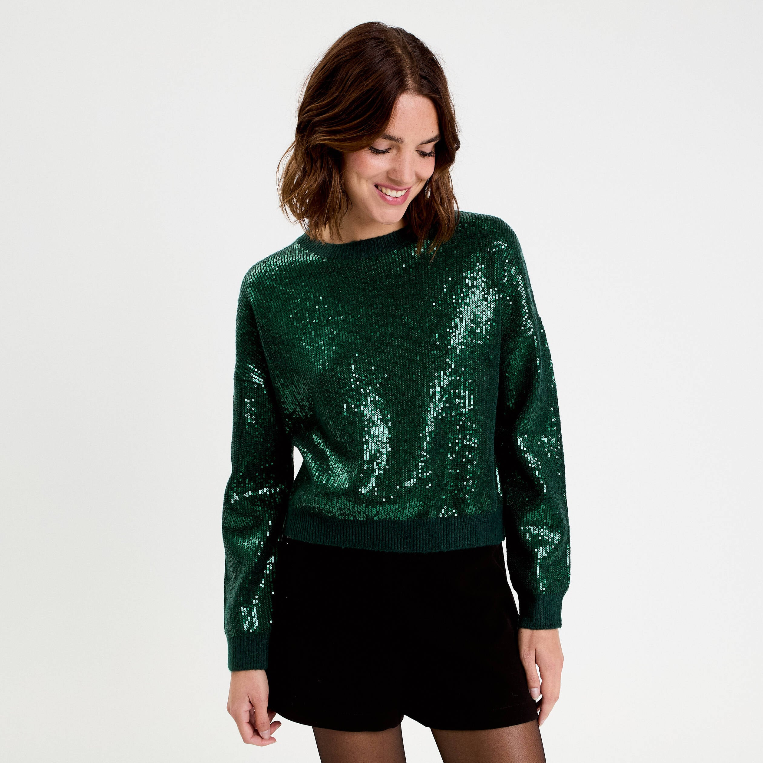 Pull manches longues avec sequins vert fonc&eacute; femme