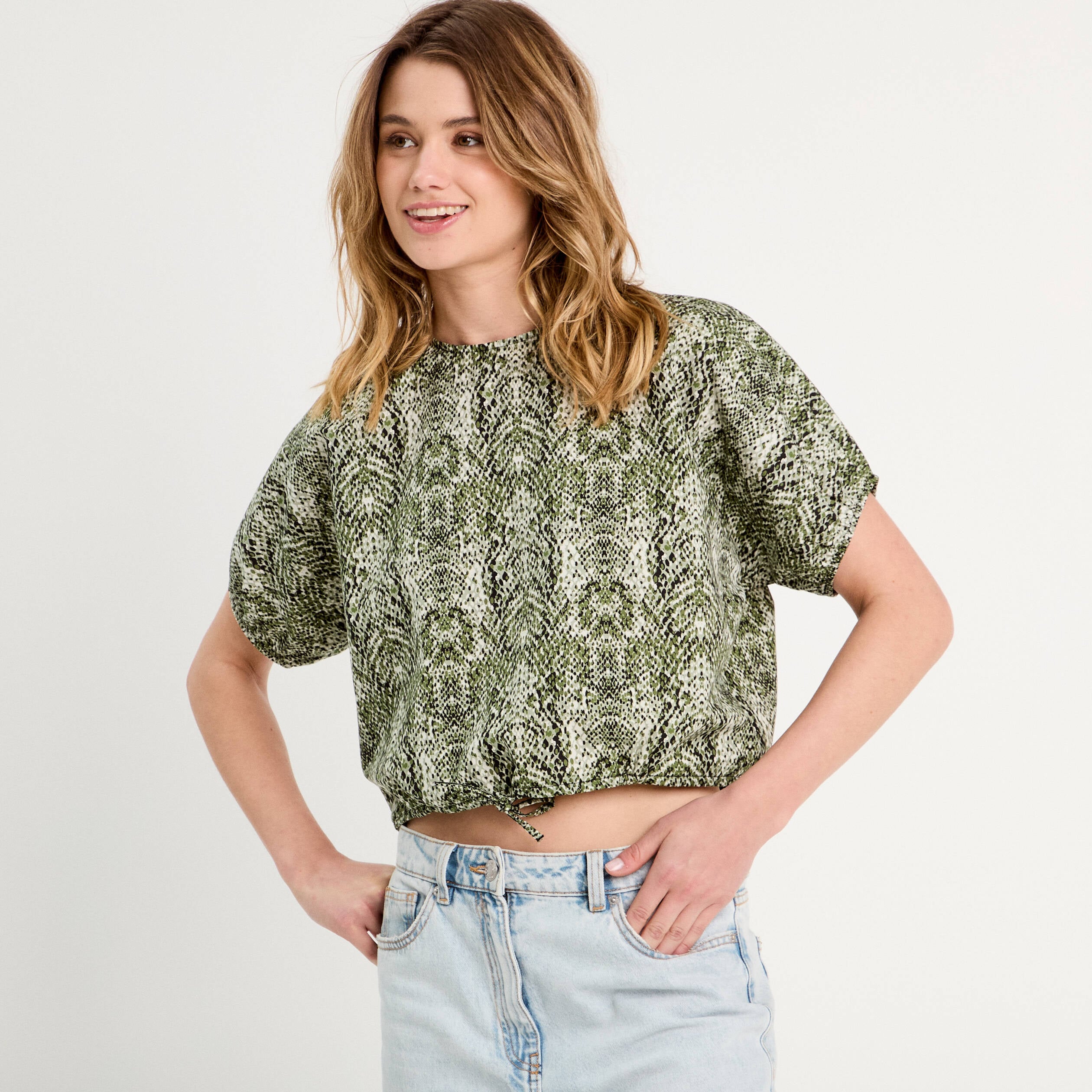 Blouse noeud manches courtes vert kaki femme