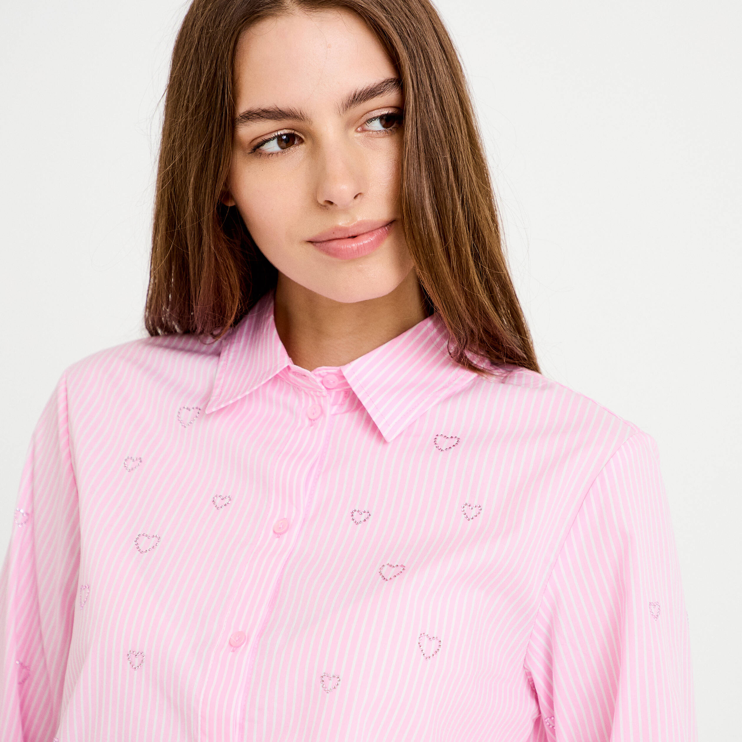 Chemise droite col am&eacute;ricain strass rose femme