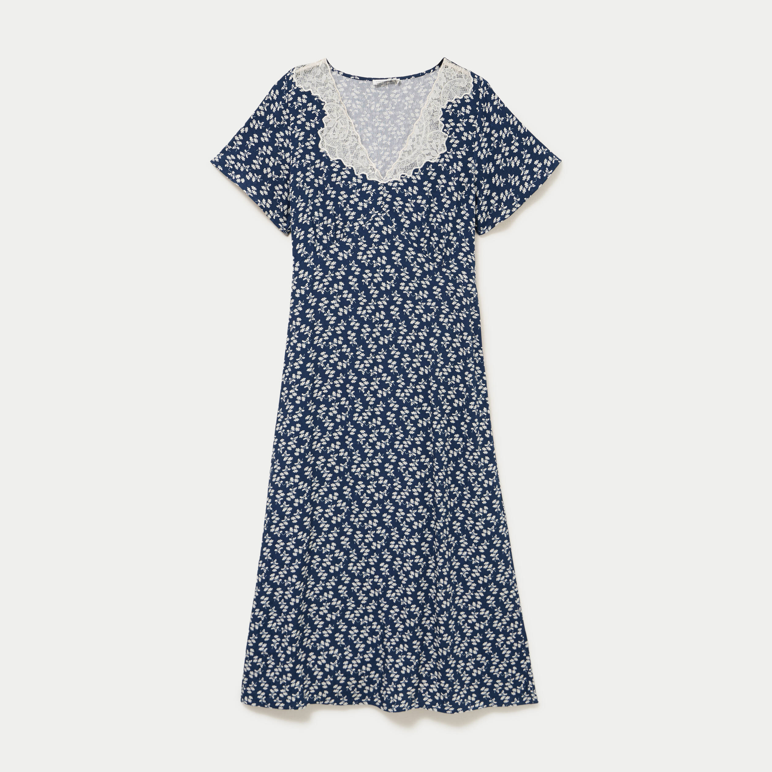 Robe longue &eacute;vas&eacute;e col v dentelle bleu marine femme
