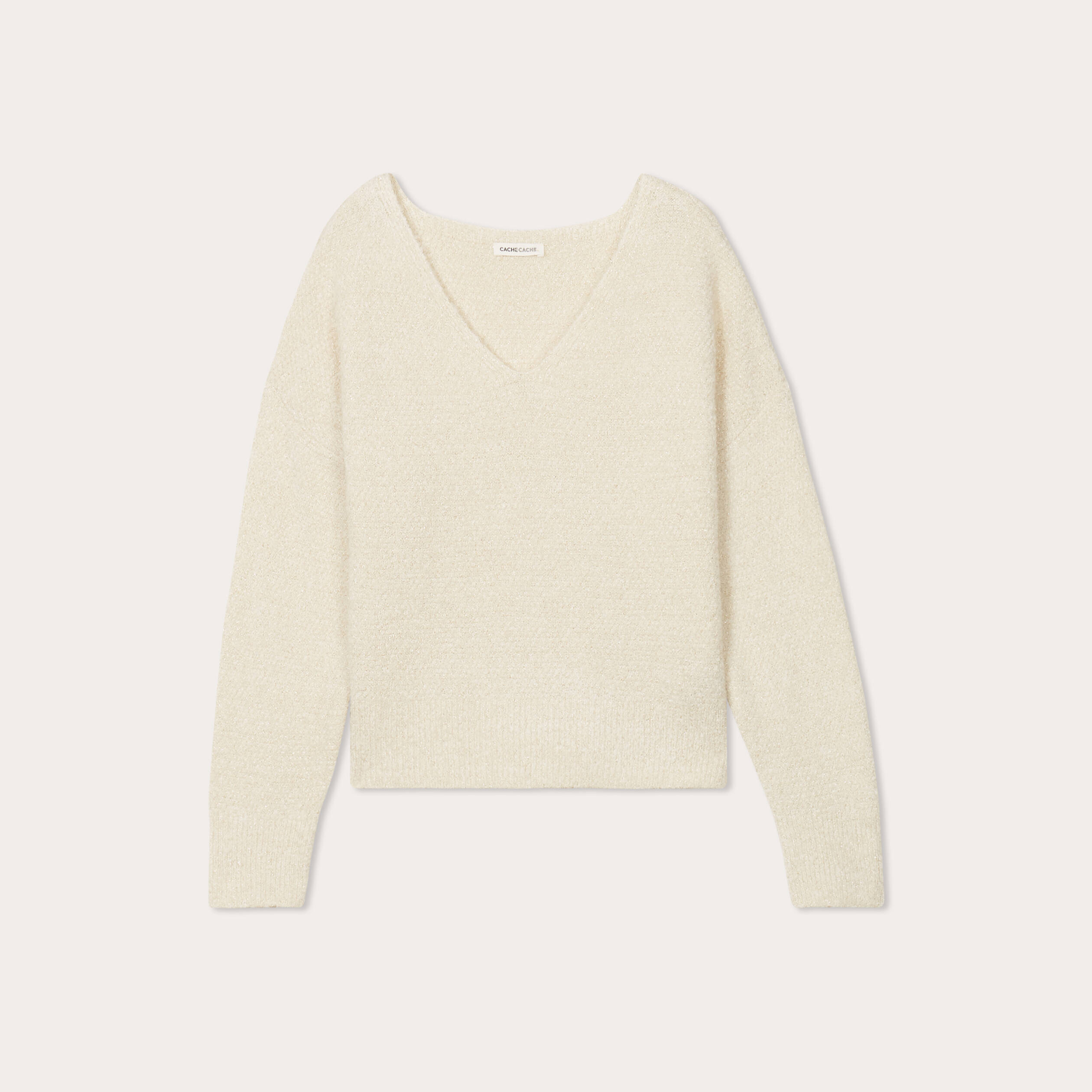 Pull manches longues col en V ecru femme