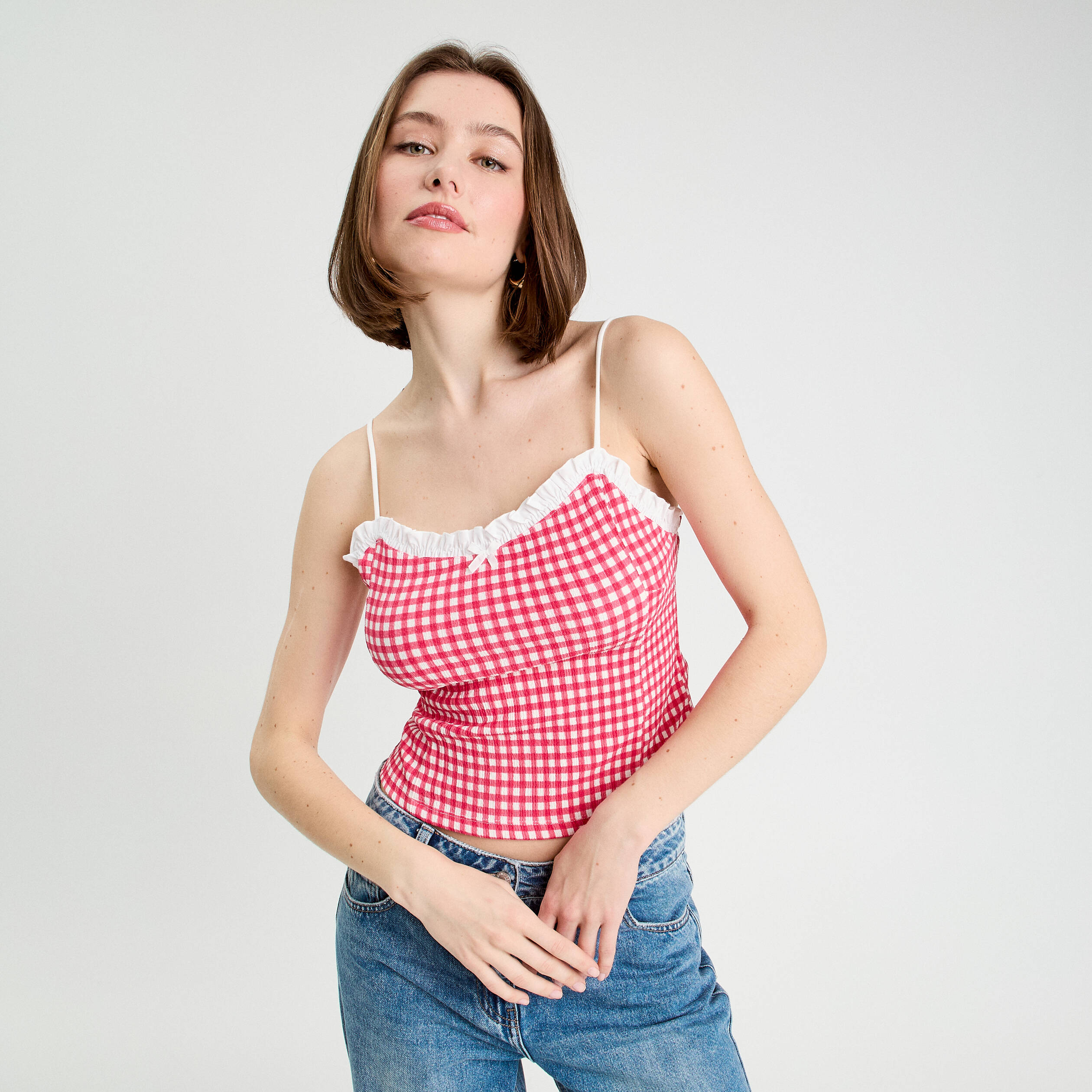 Débardeur cropped bretelles rose framboise femme
