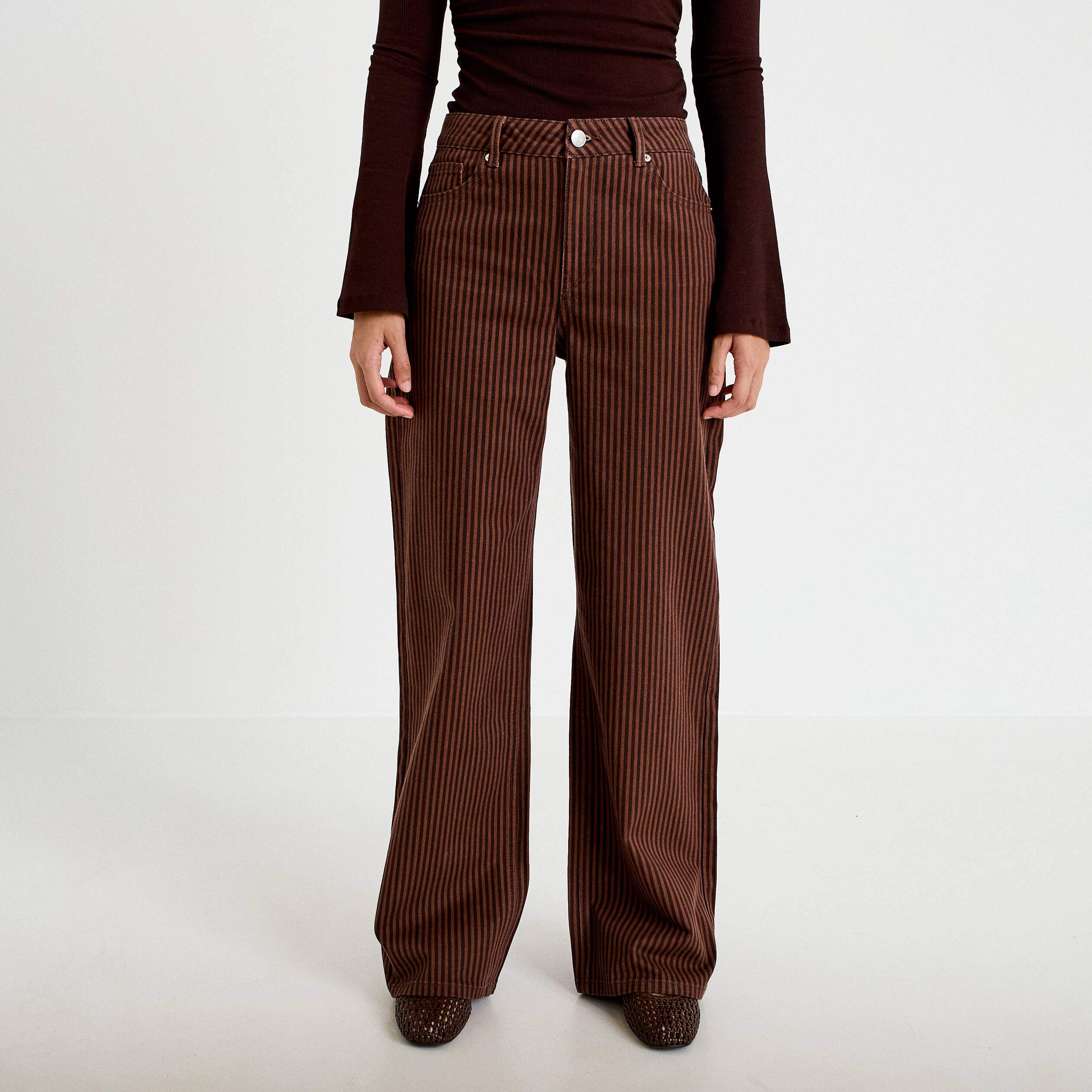 Jean wide leg ray&eacute; taille haute marron femme
