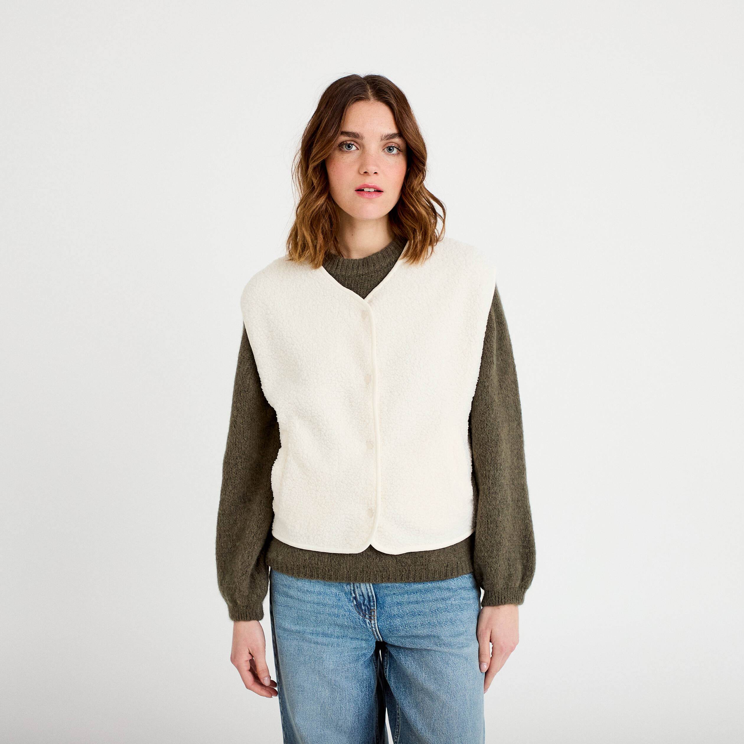 Gilet sans manches effet polaire ecru femme