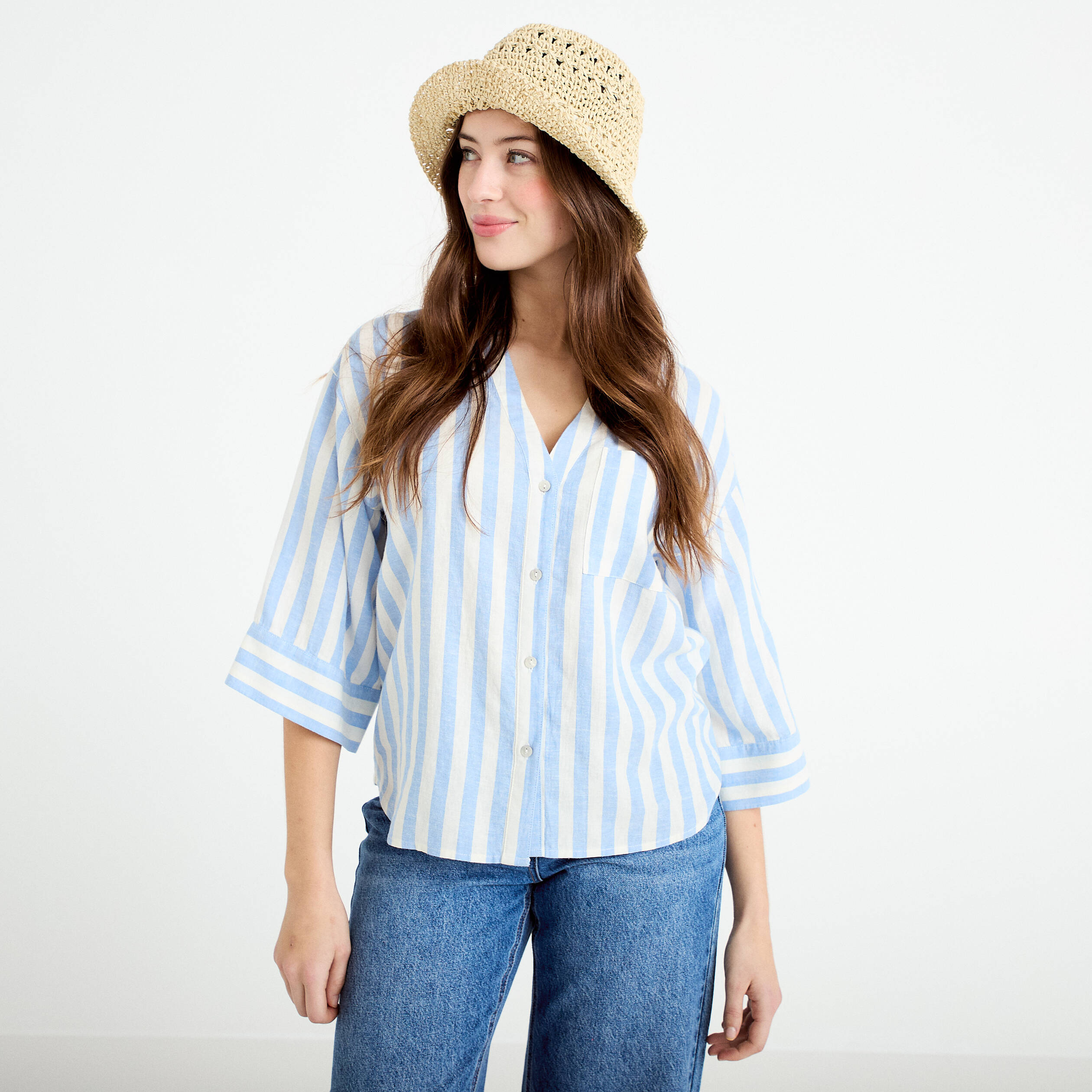 Blouse col V manches 3/4 bleu pastel femme