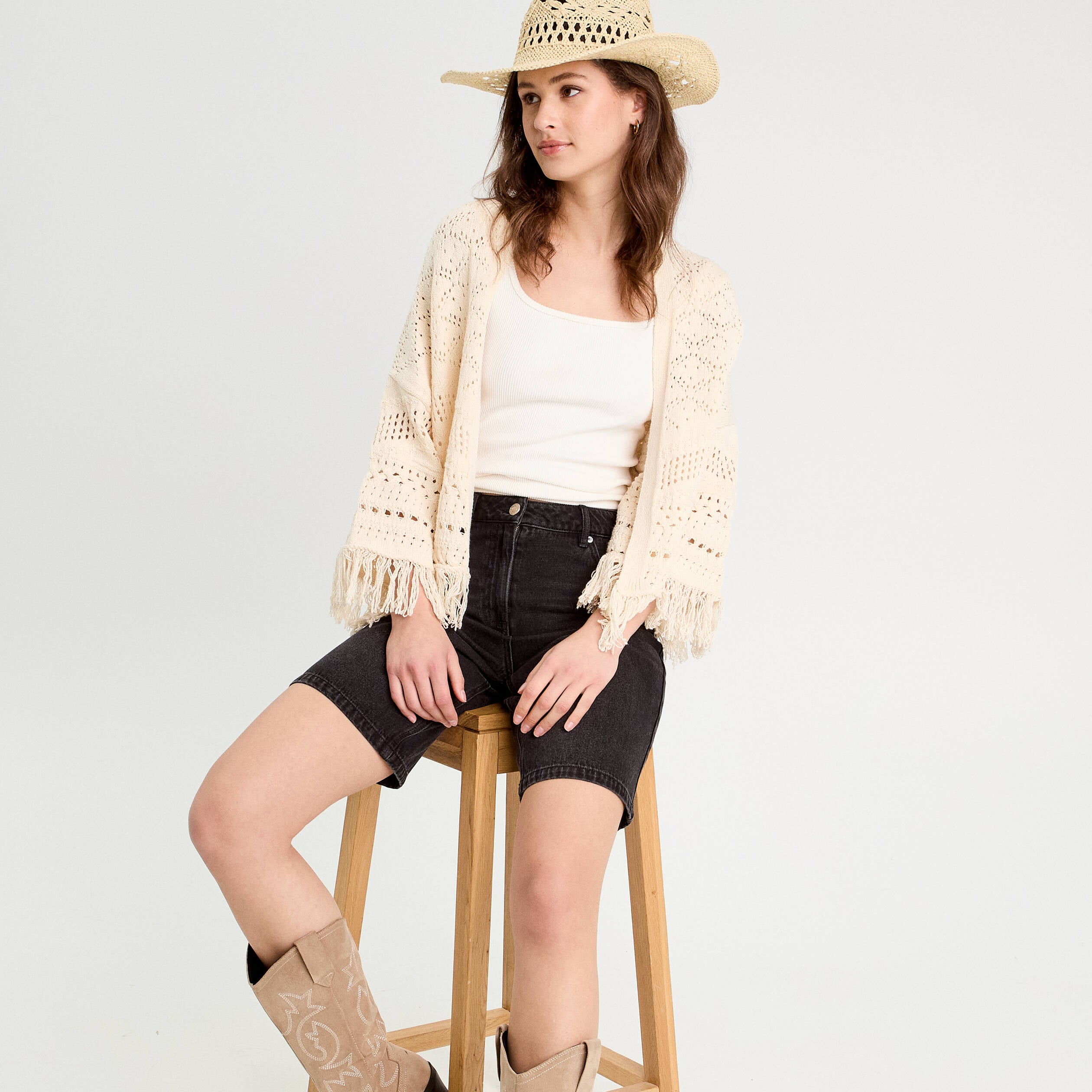 Gilet ajour&eacute; avec franges ecru femme