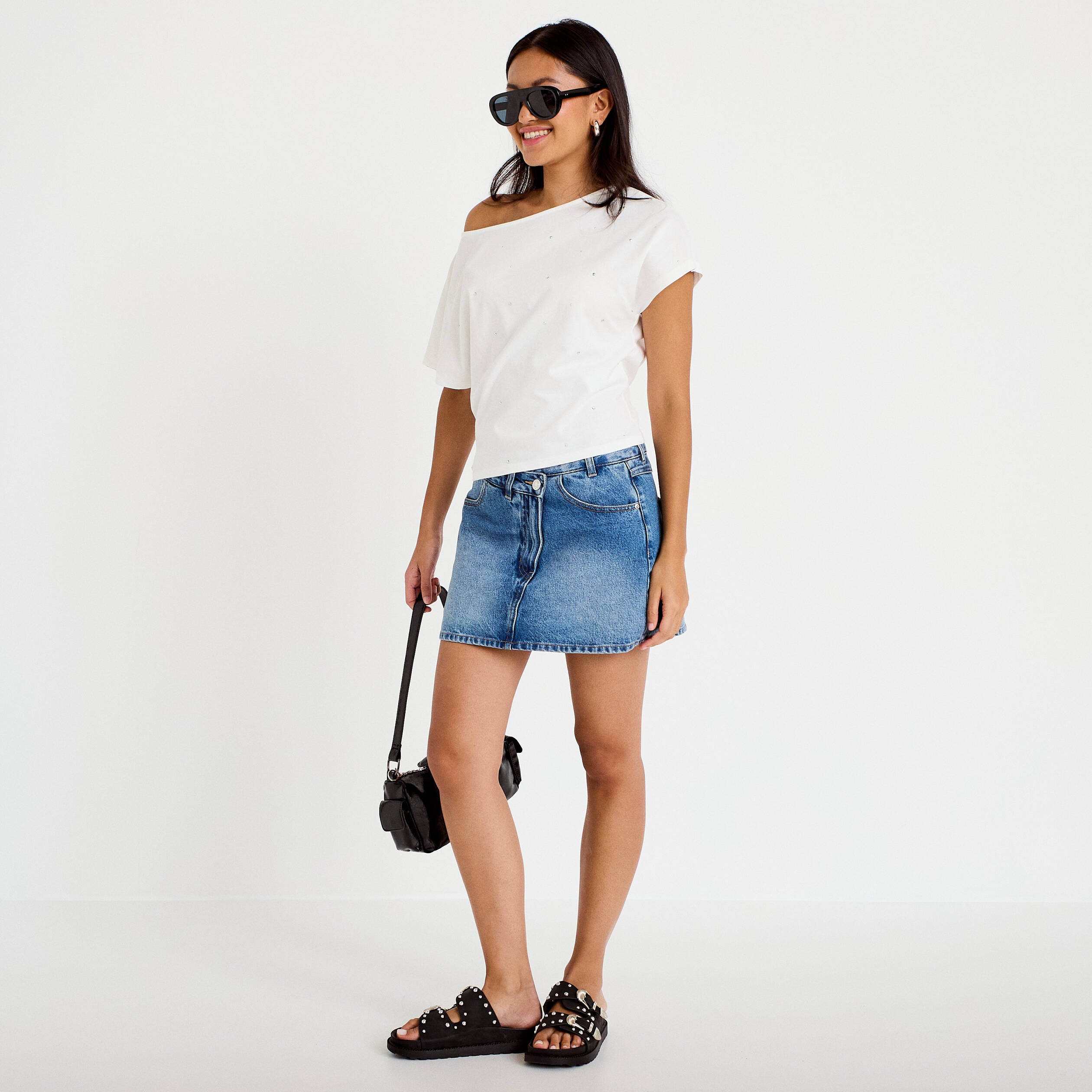T-shirt col bateau manches courtes ecru femme