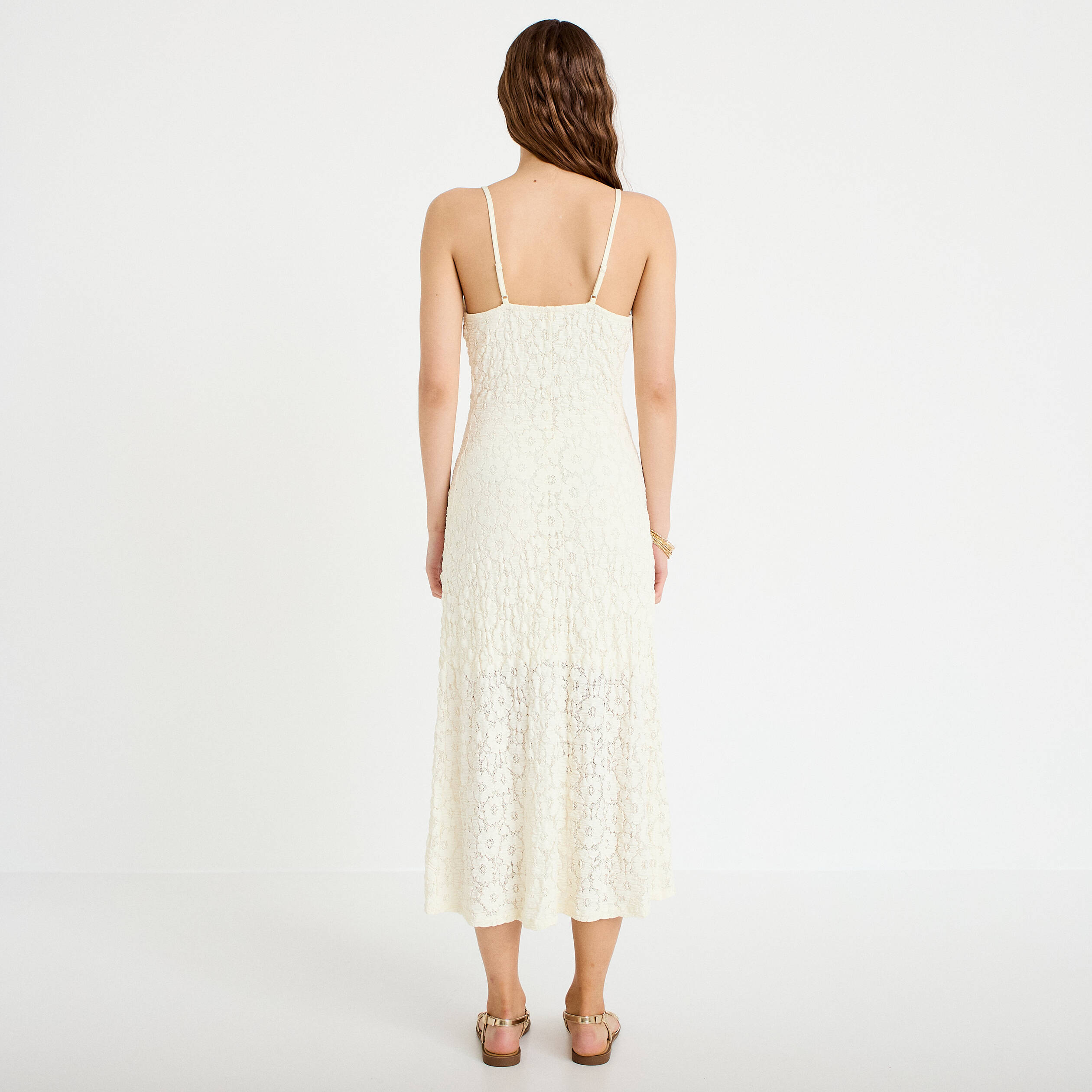 Robe longue droite en maille ecru femme