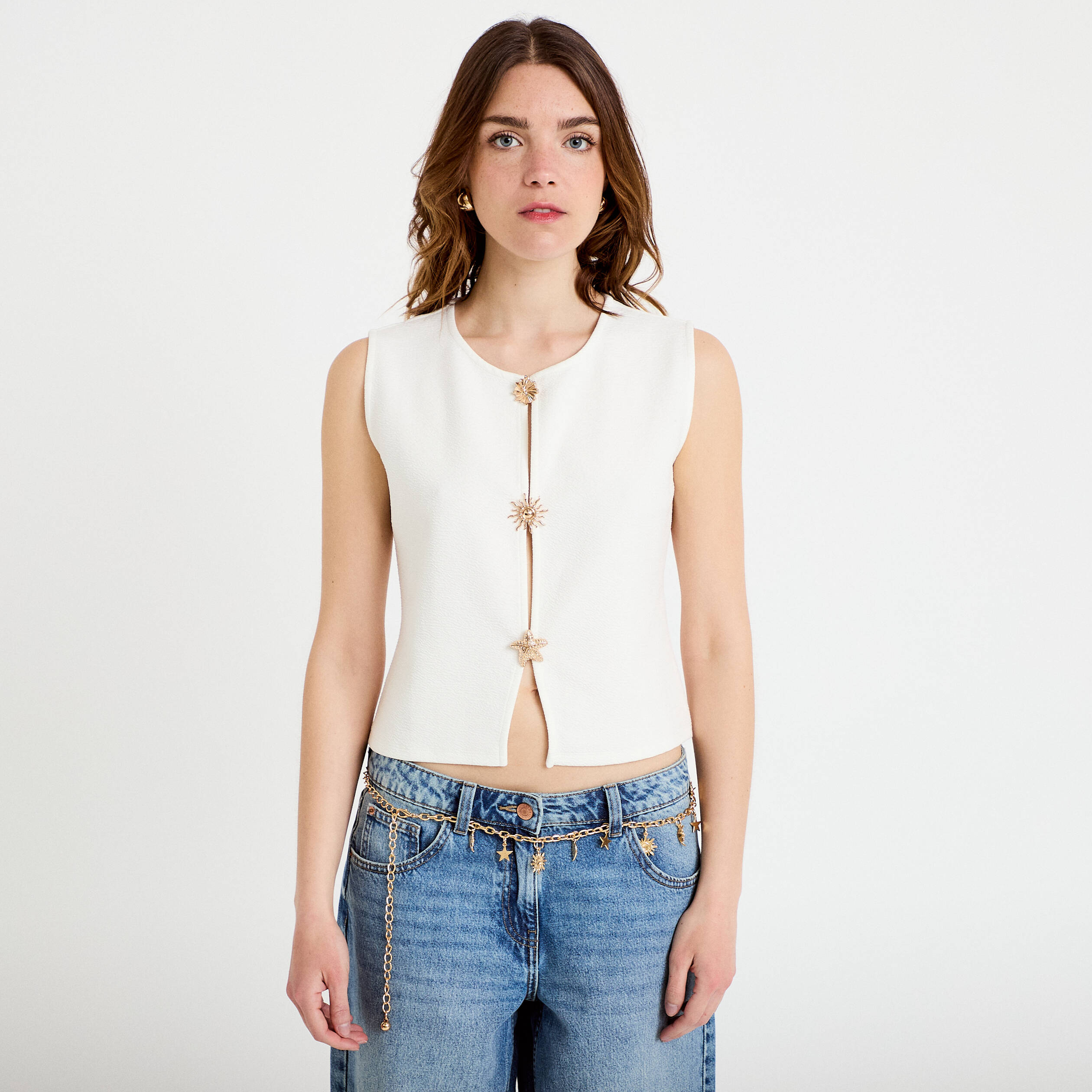 Gilet sans manches col rond ecru femme