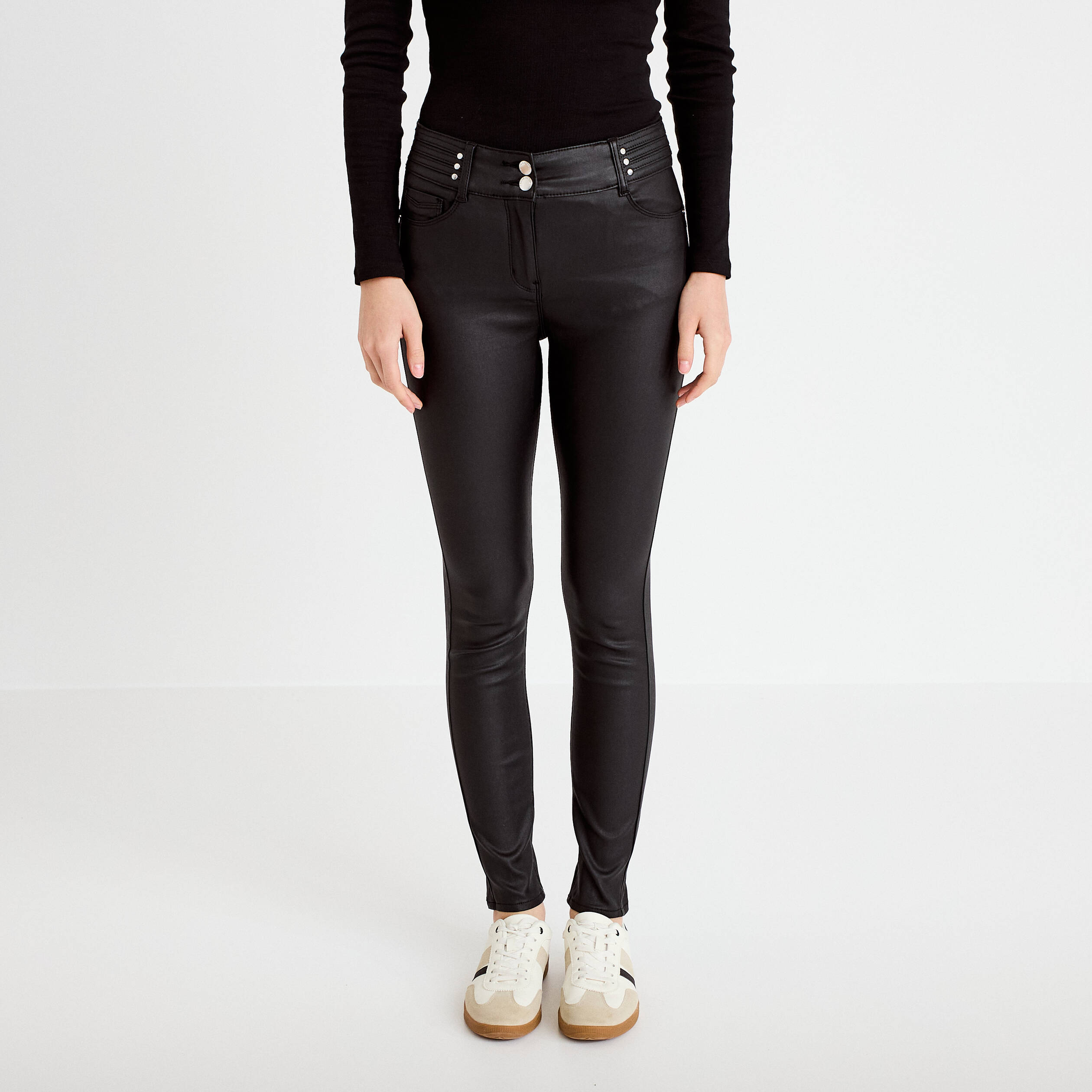 Pantalon skinny enduit denim noir enduit femme