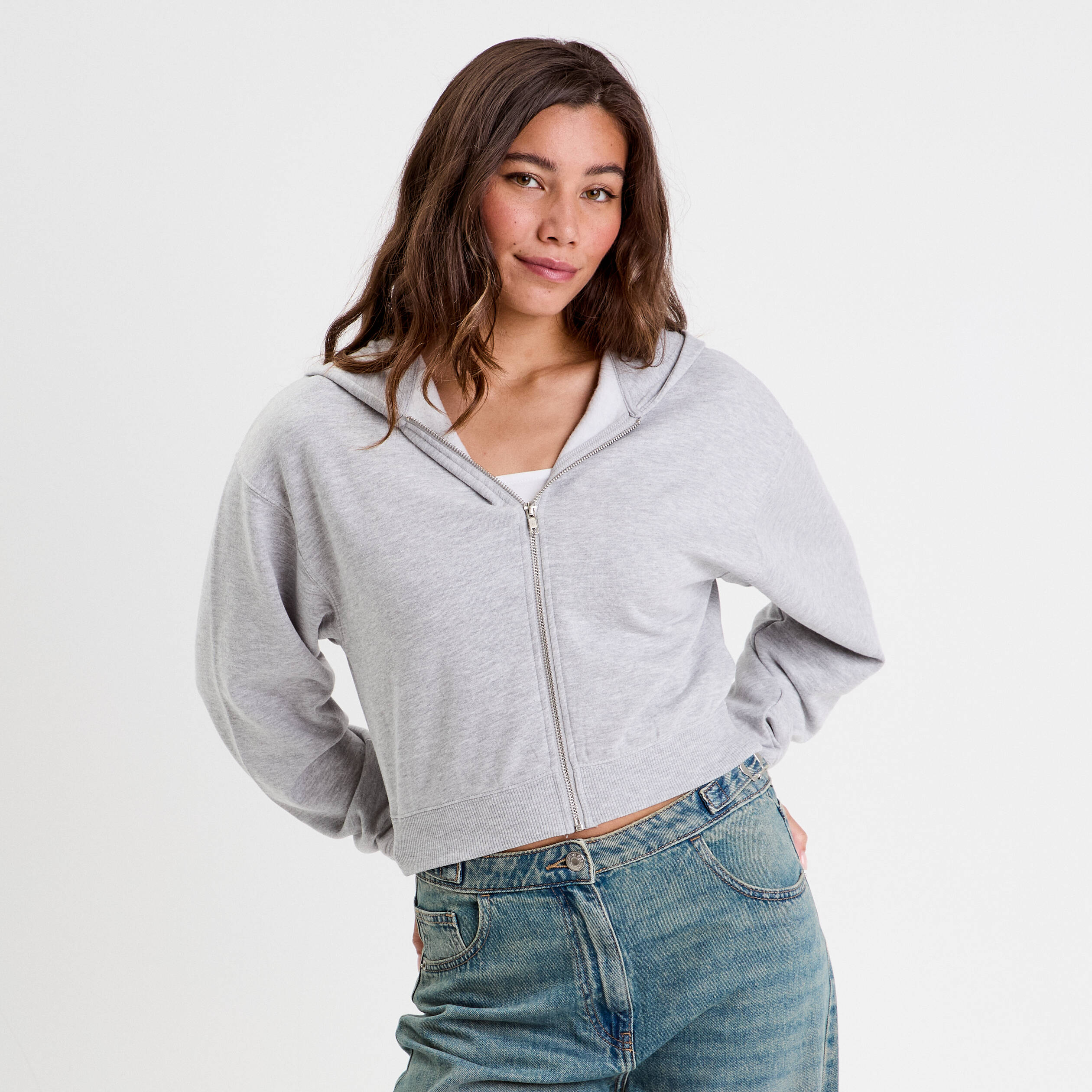 Sweat zippé à capuche gris clair femme Vibs