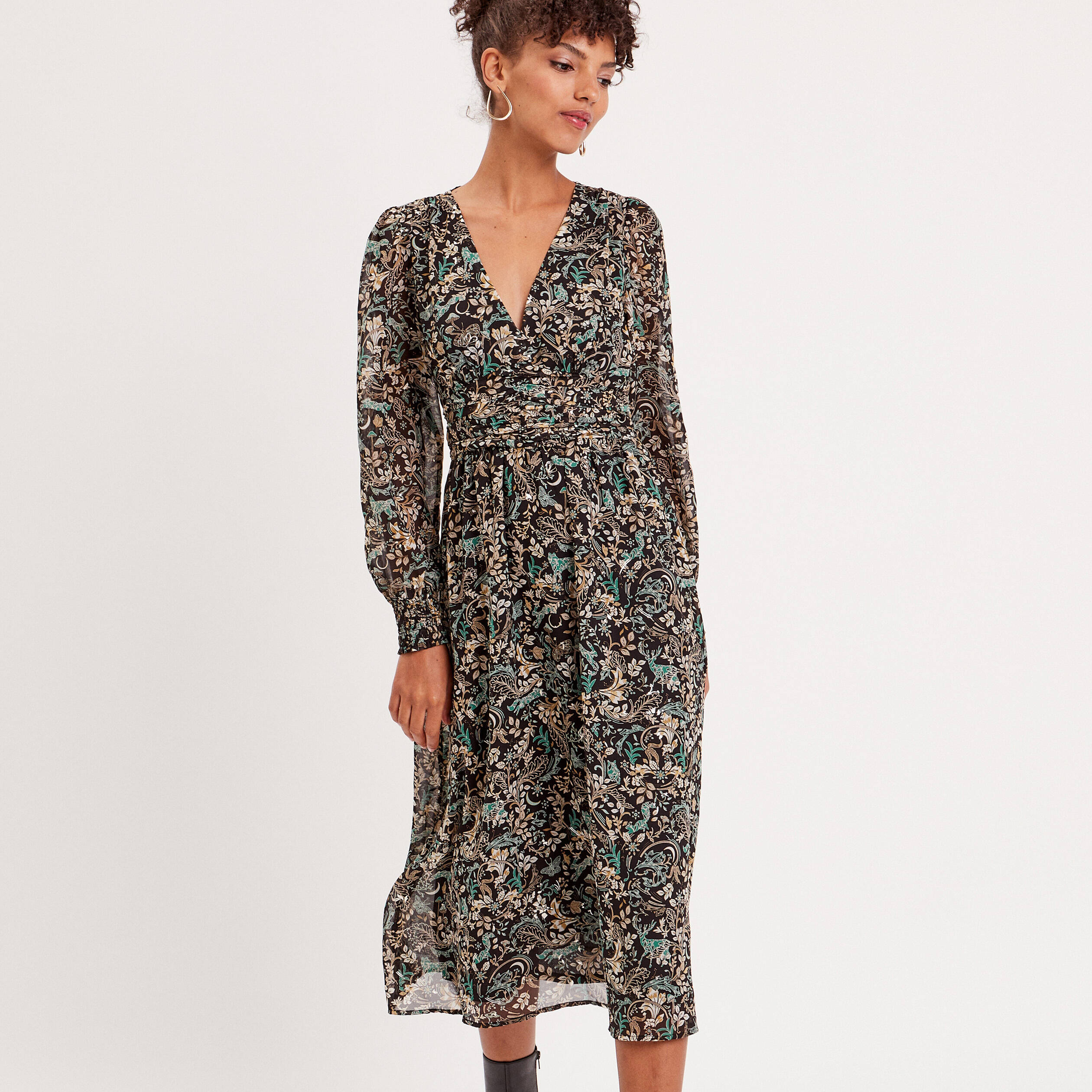 Robe midi évasée col en V noir femme