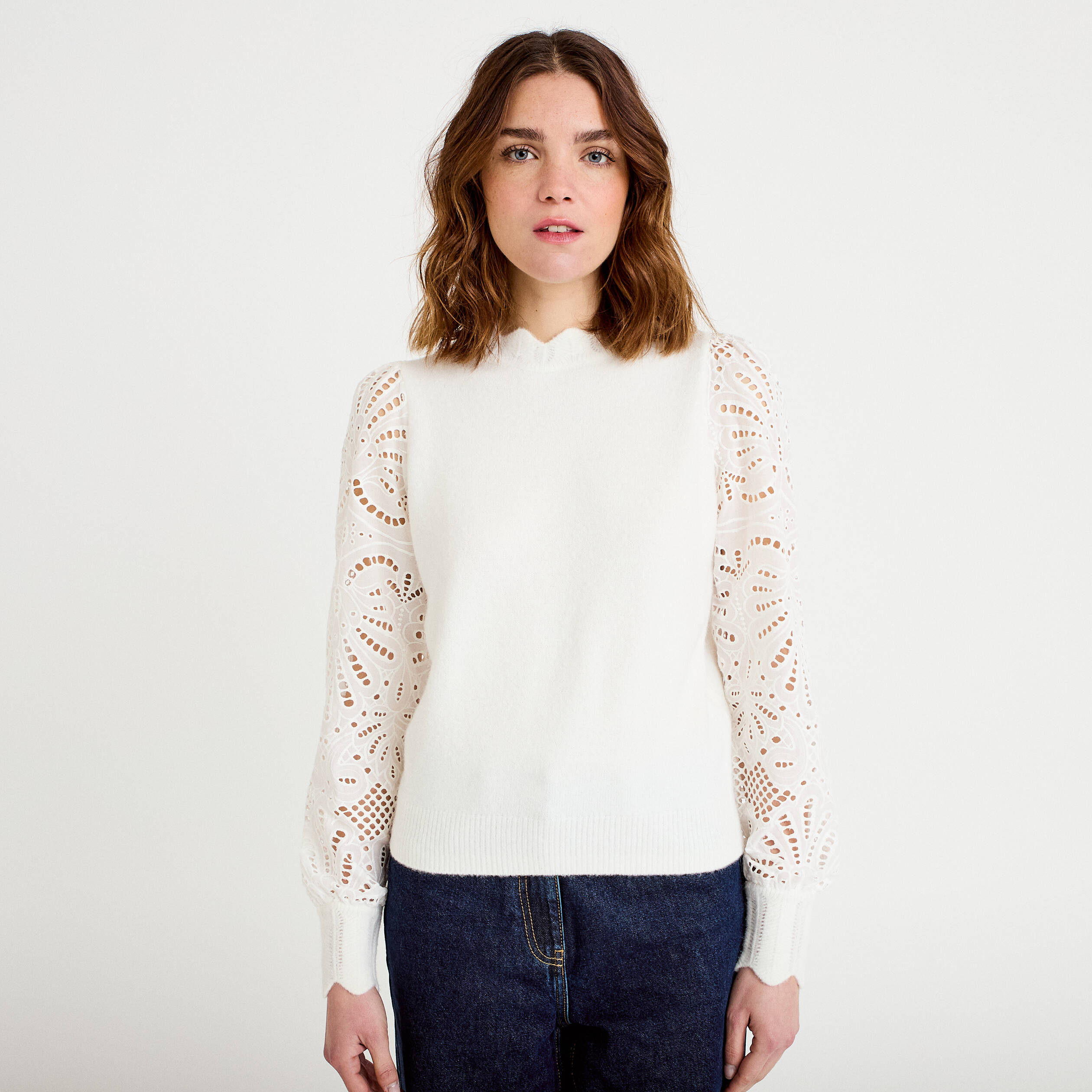 Pull manches ajour&eacute;es ecru femme