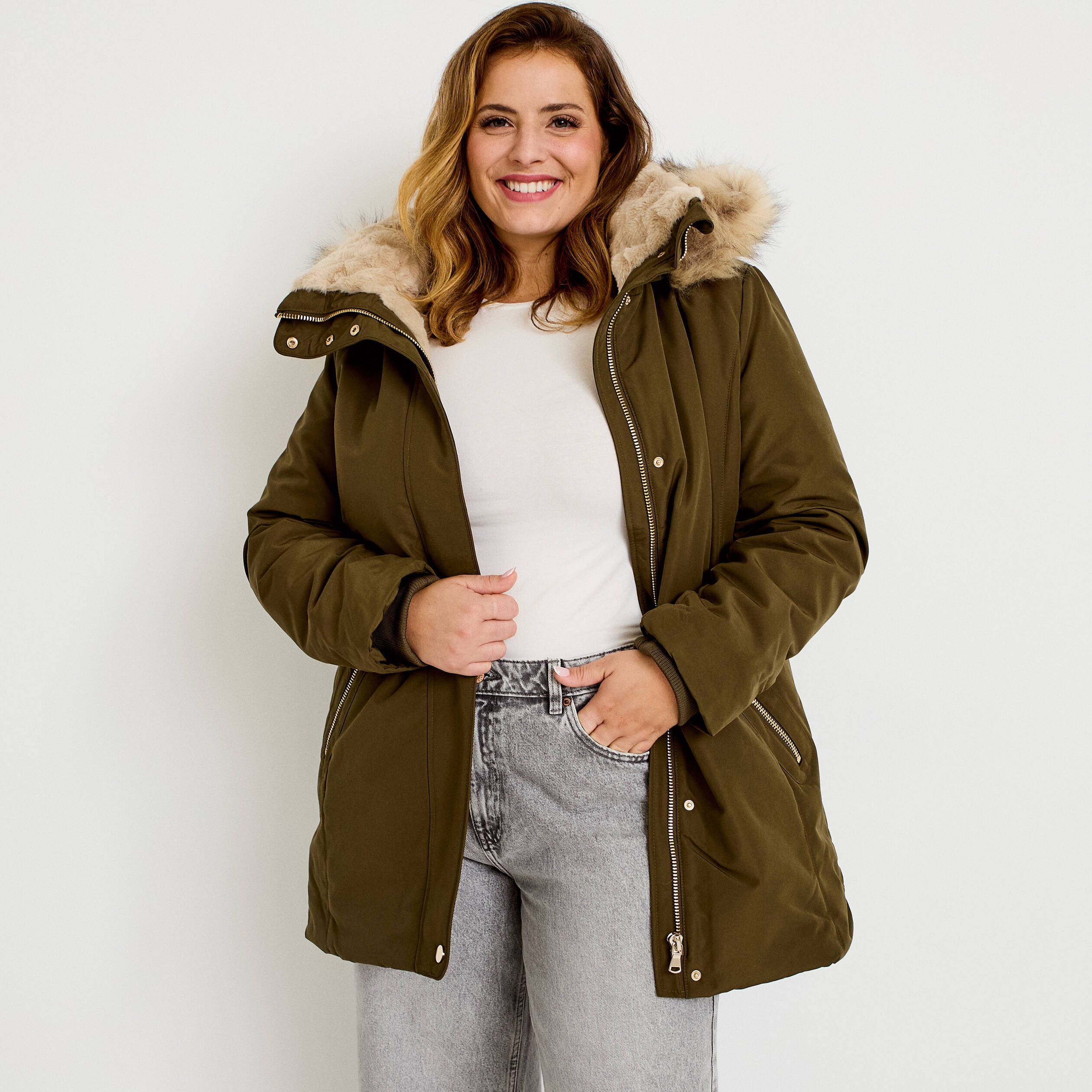 Parka &agrave; capuche fausse fourrure vert kaki femme